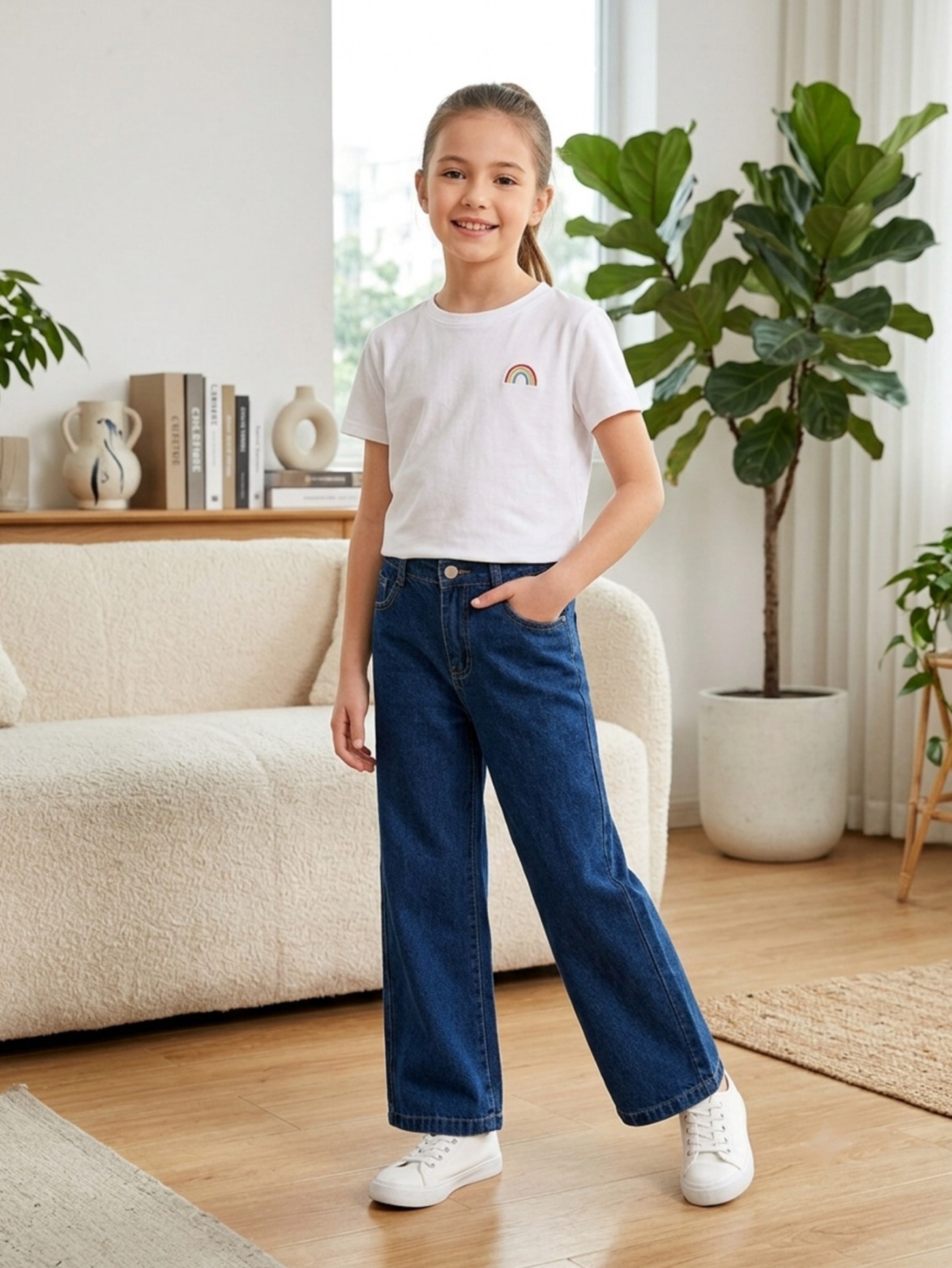 Calça jeans wid leg Infantil Menina Cintura Alta