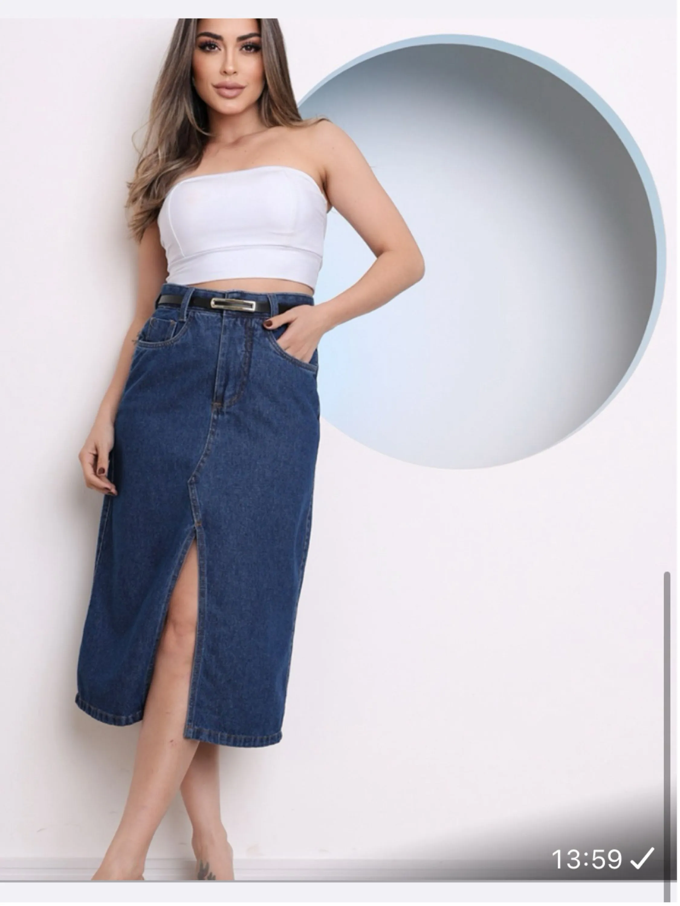 Saia jeans midi com fenda acompanha cinto feminino novo