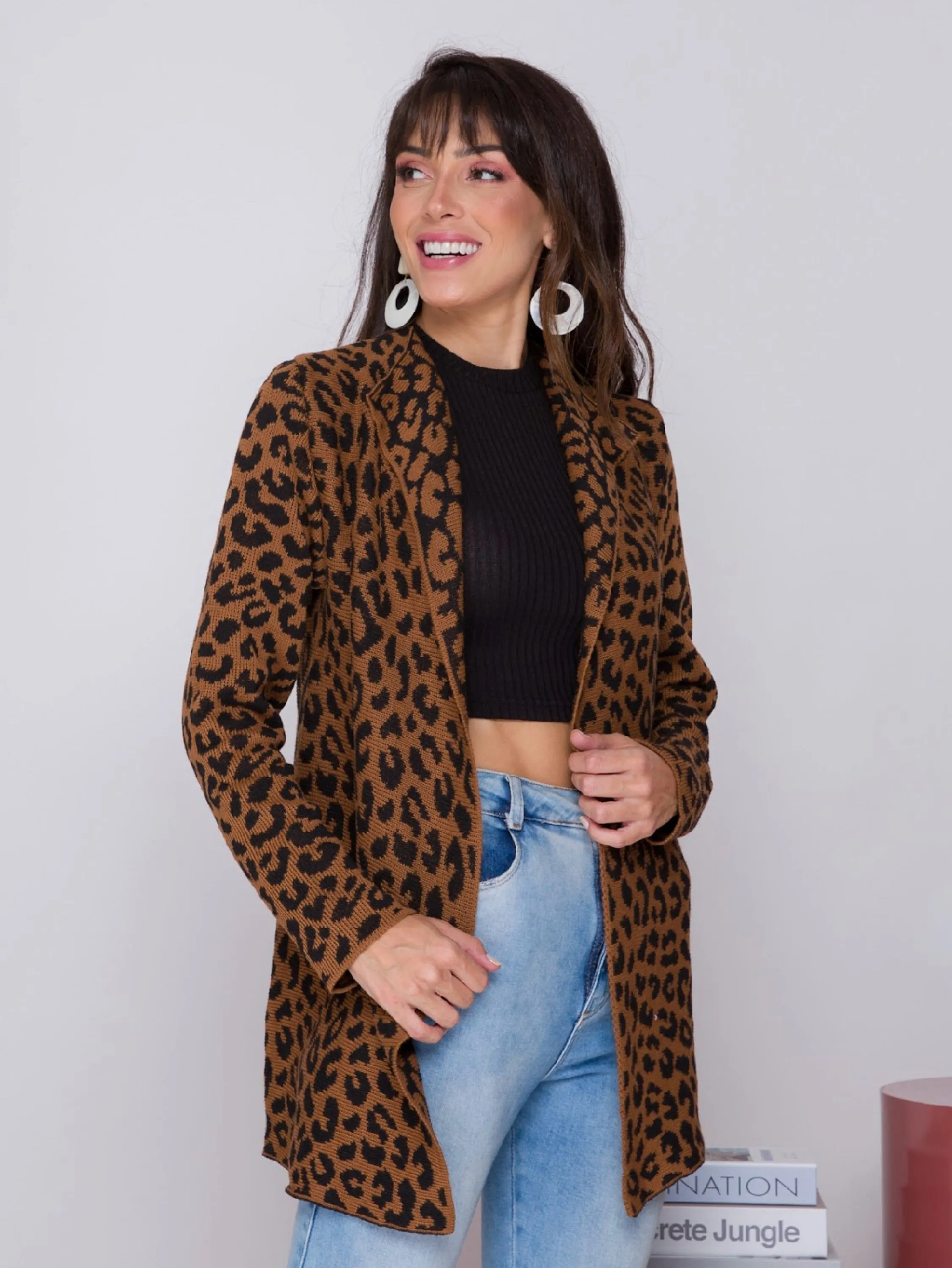 Kimono Animal Print Onça Feminino Cardigan Manga Longa Tricot Grosso inverno