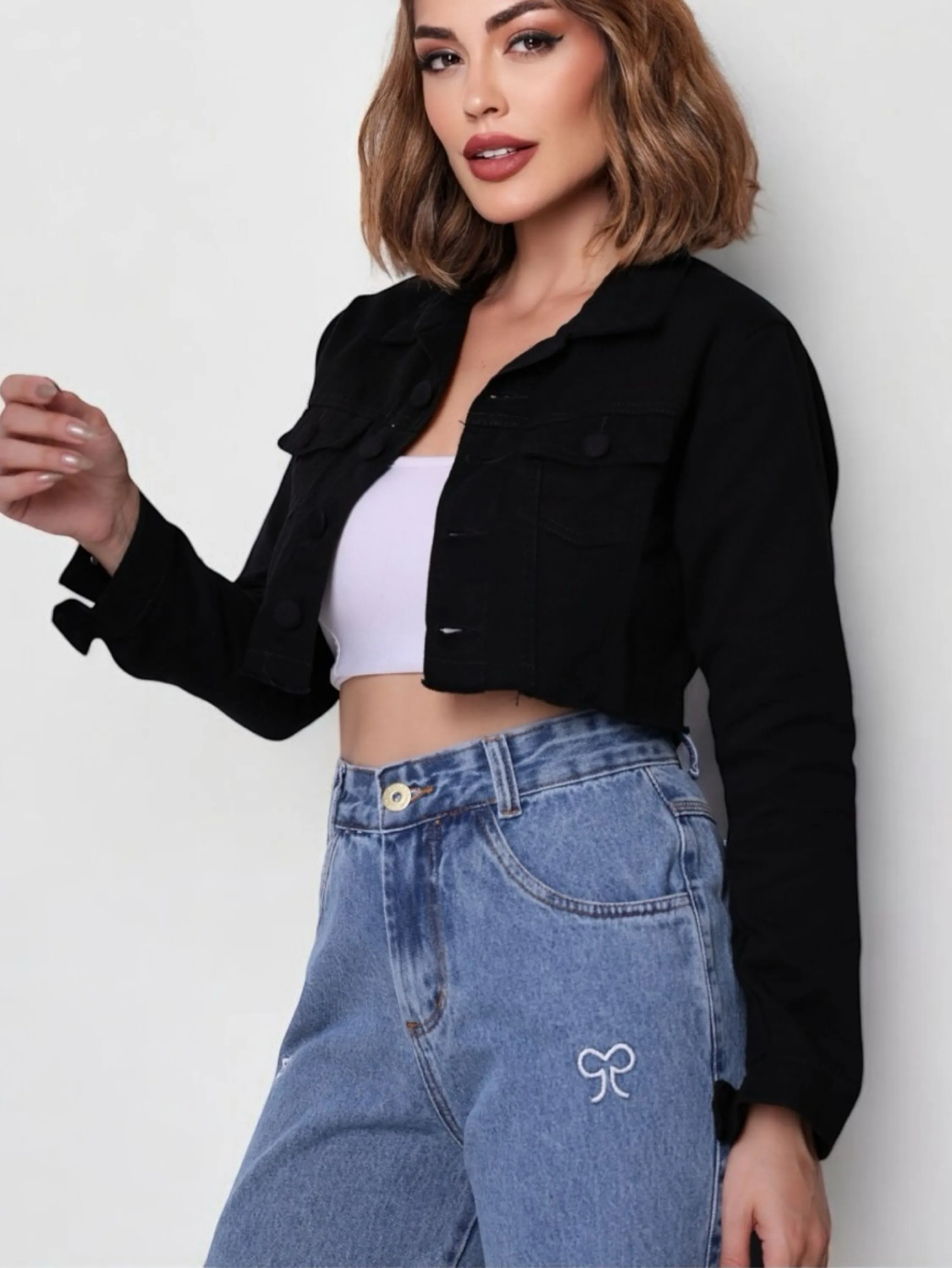 Jaqueta Jeans Destroyed Cropped Manga Longa MODA FEMININA