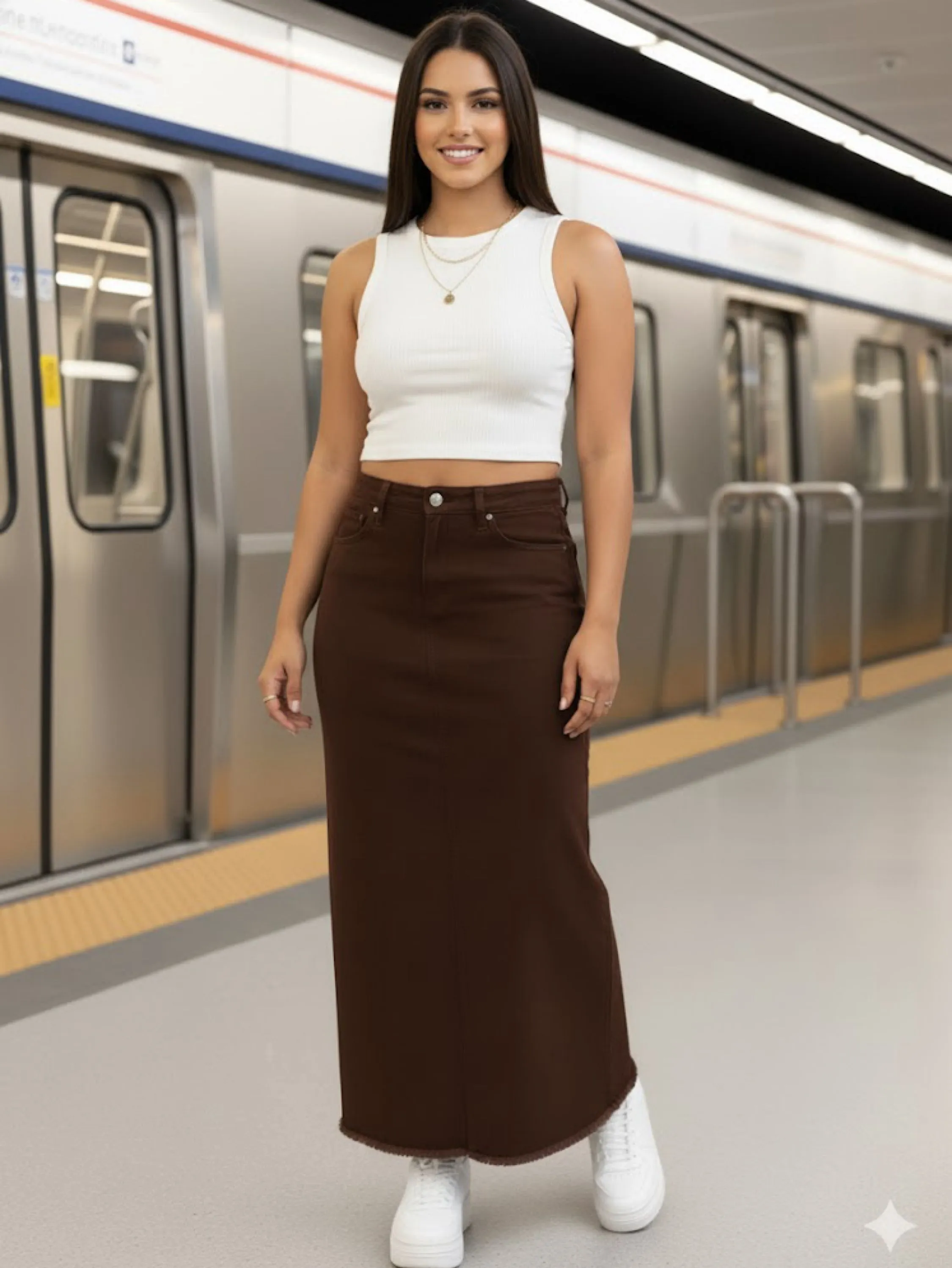 Saia Jeans feminina saia longa Midi Cintura Alta Moda