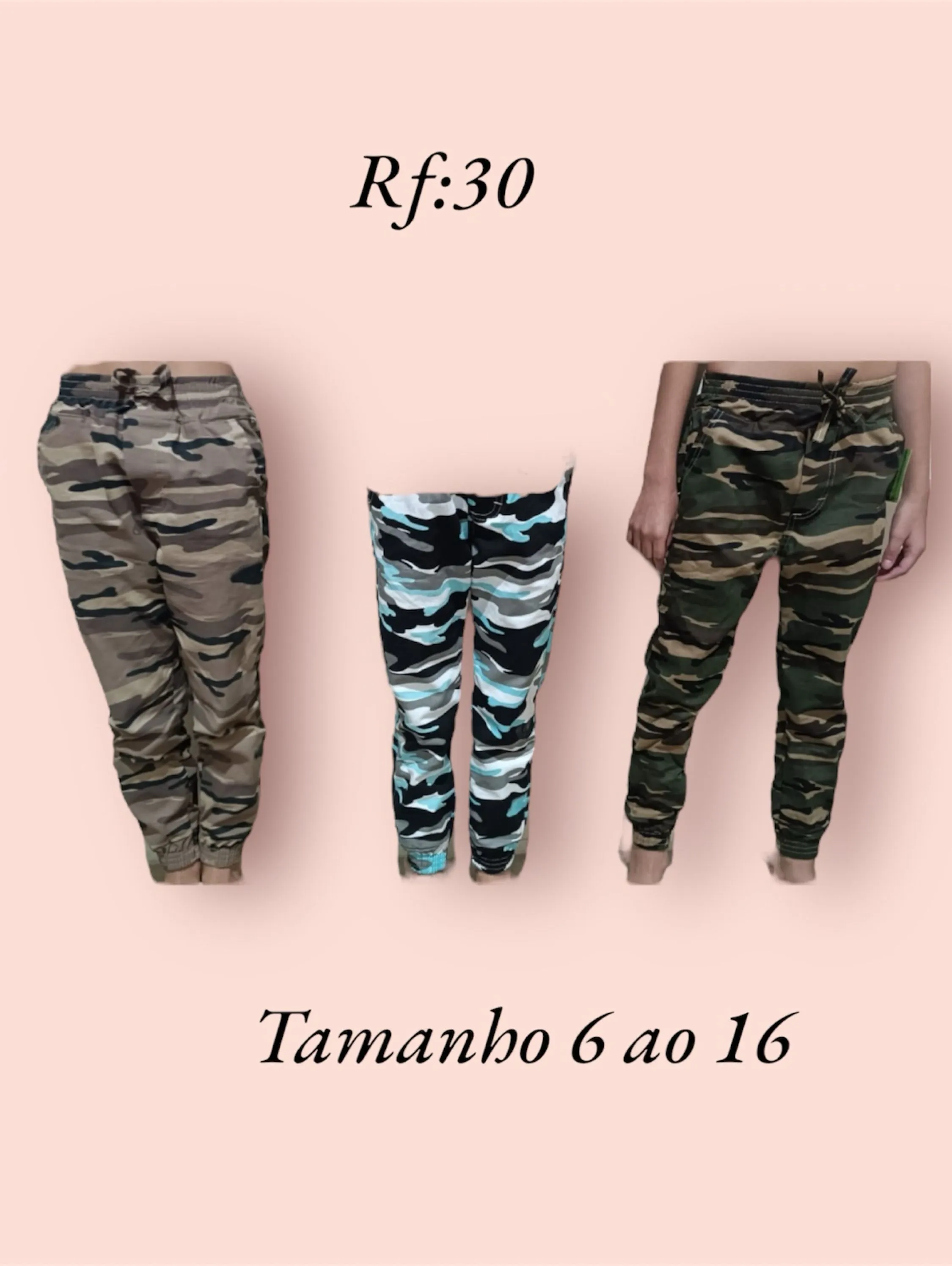 Calça camuflada infantil e juvenil