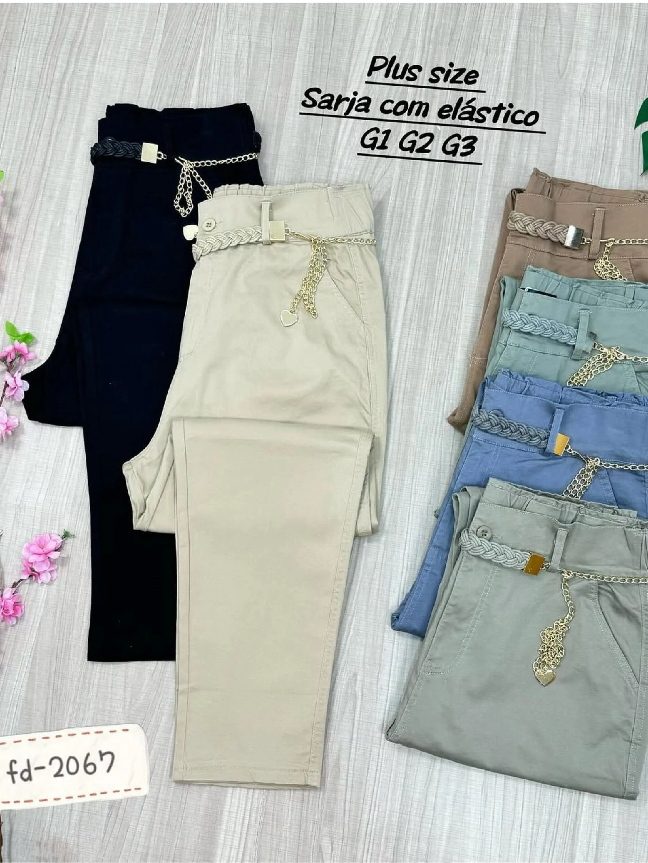 Plus size calça sarja com elástico com cinto g1 g2 g3 fdxj