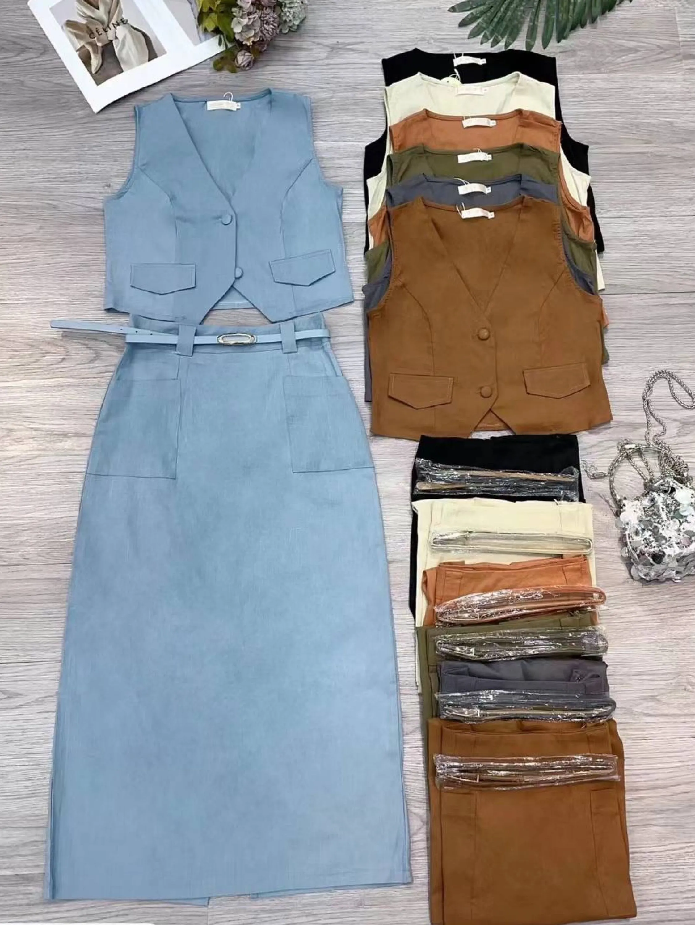 Conjunto linho elastano colete com saia