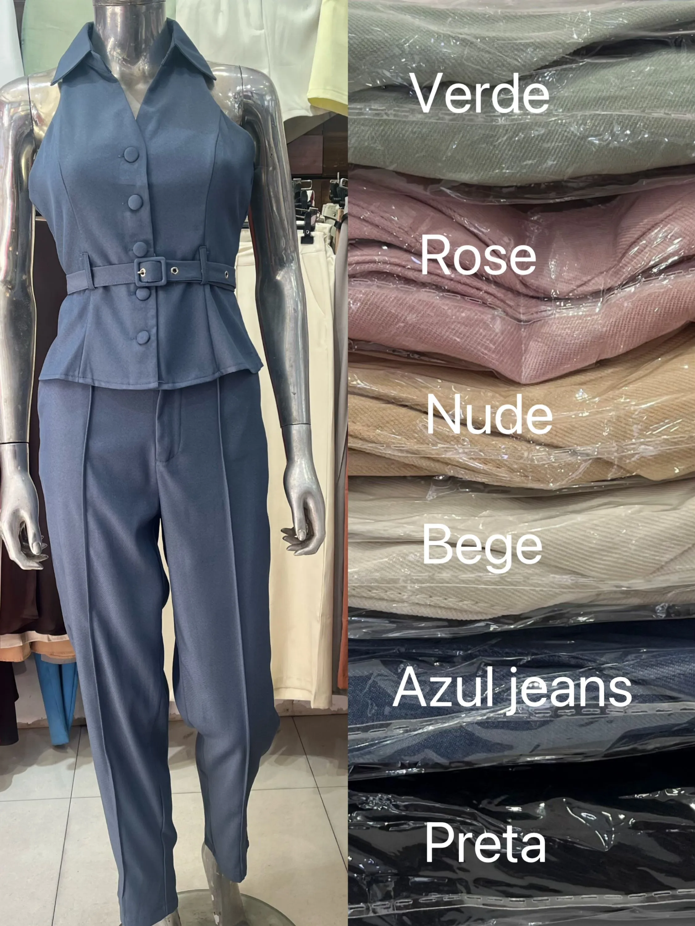 Conjunto colete com cinto com calça cenoura linho