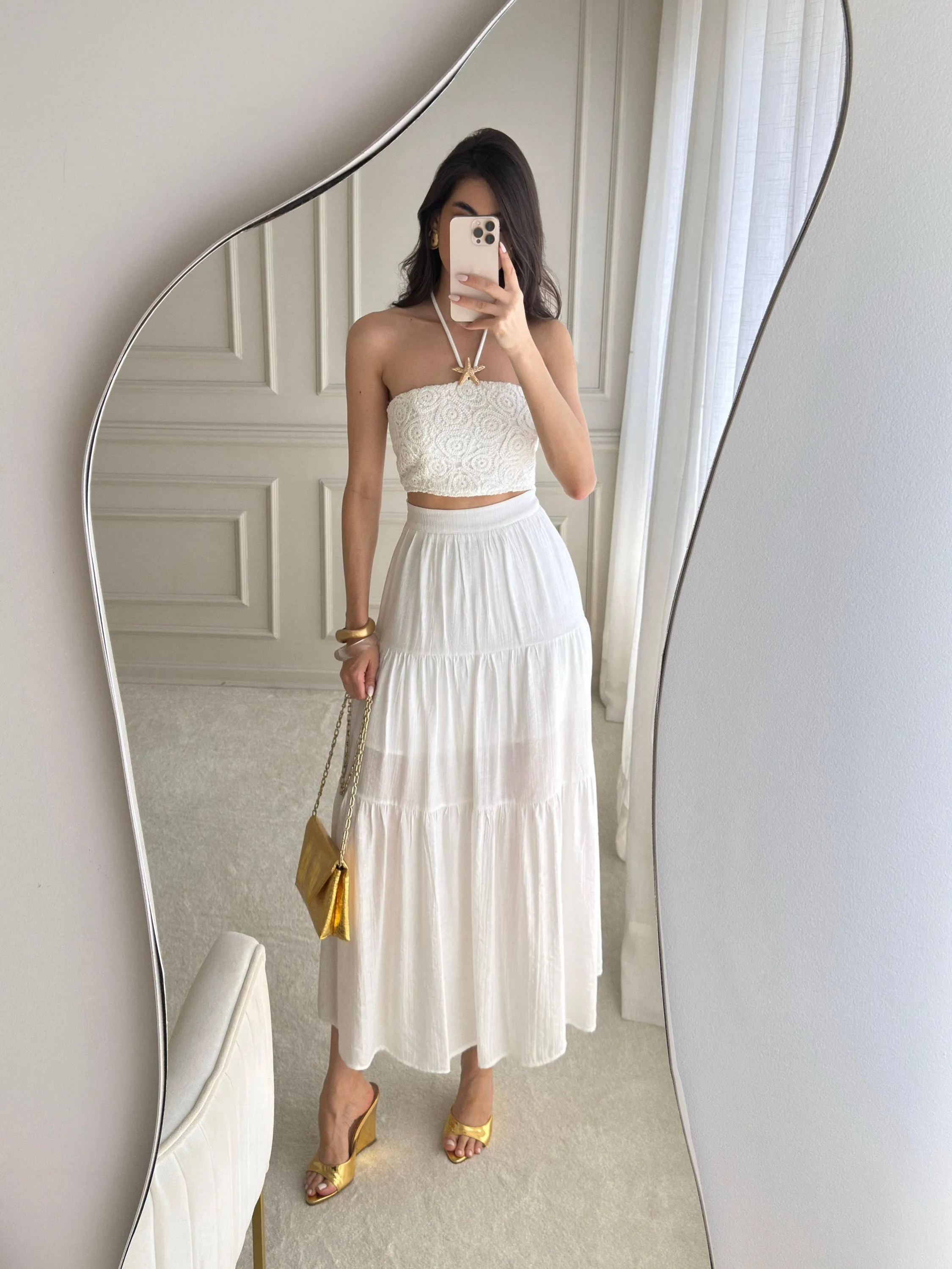 Conjunto cropete renda com saia social novidade linda