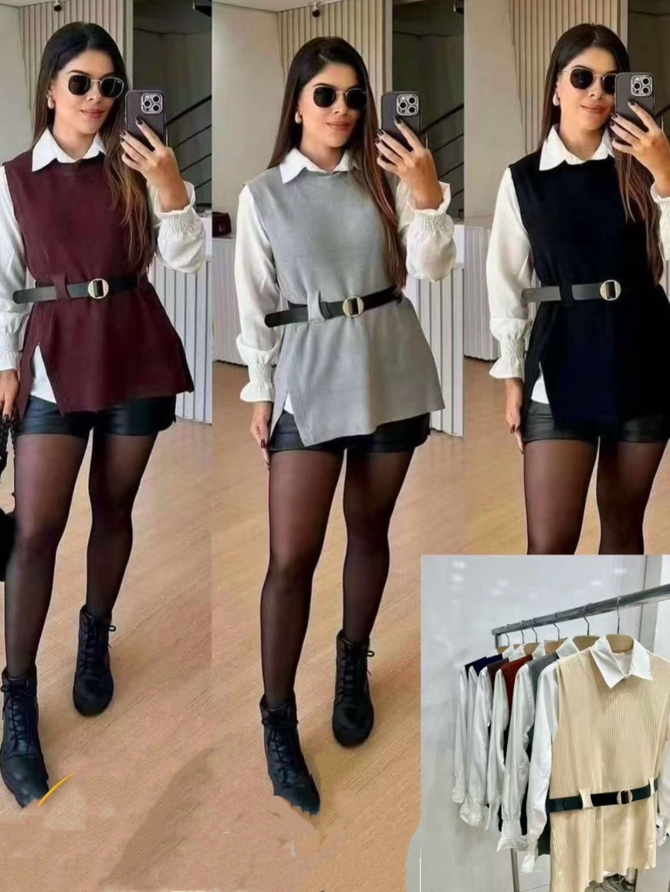 Conjunto camisa branco com colete vem cinto cores linda - Raissa