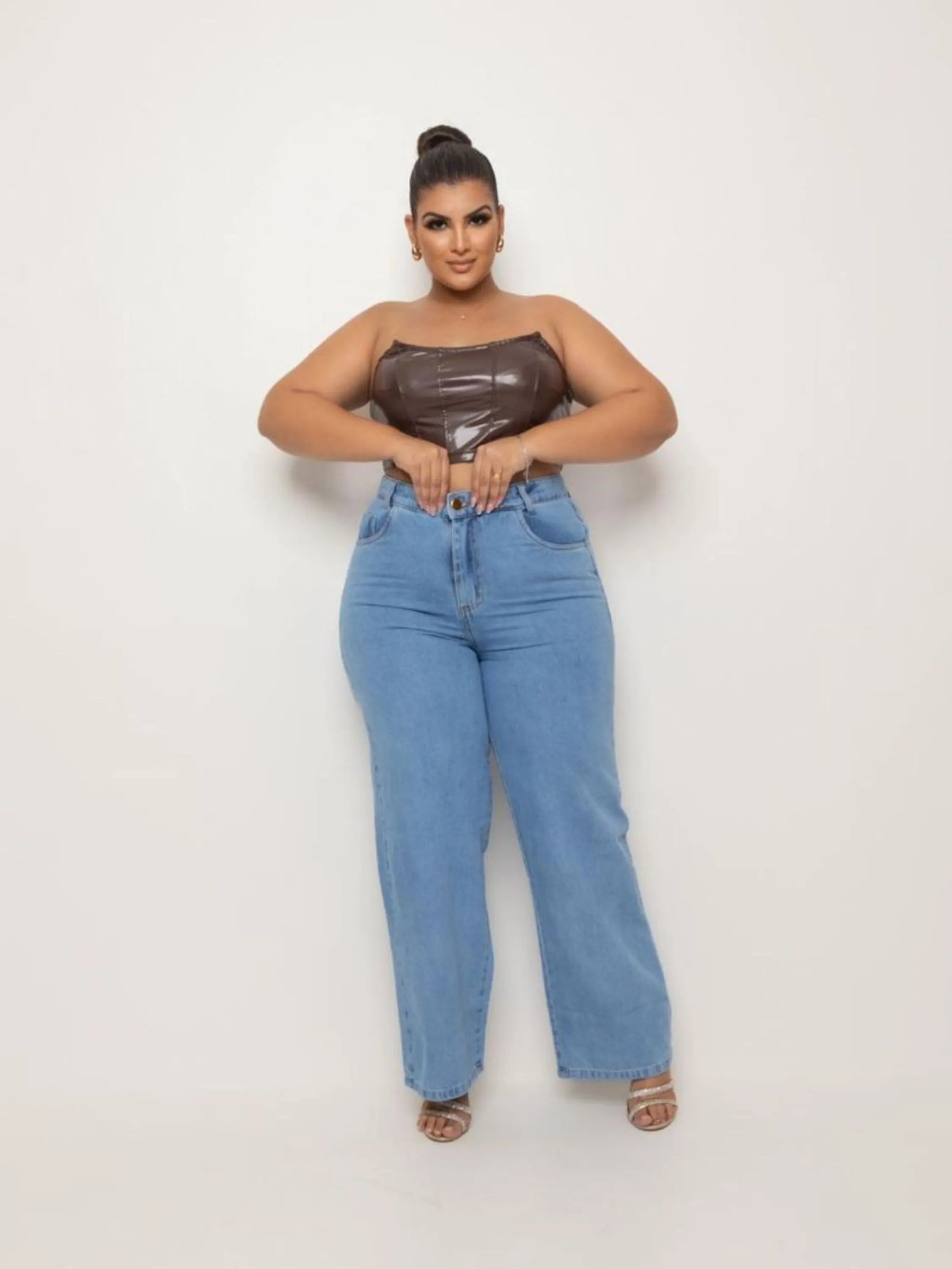 Calça Jeans Claro Cintura Alta Plus Size