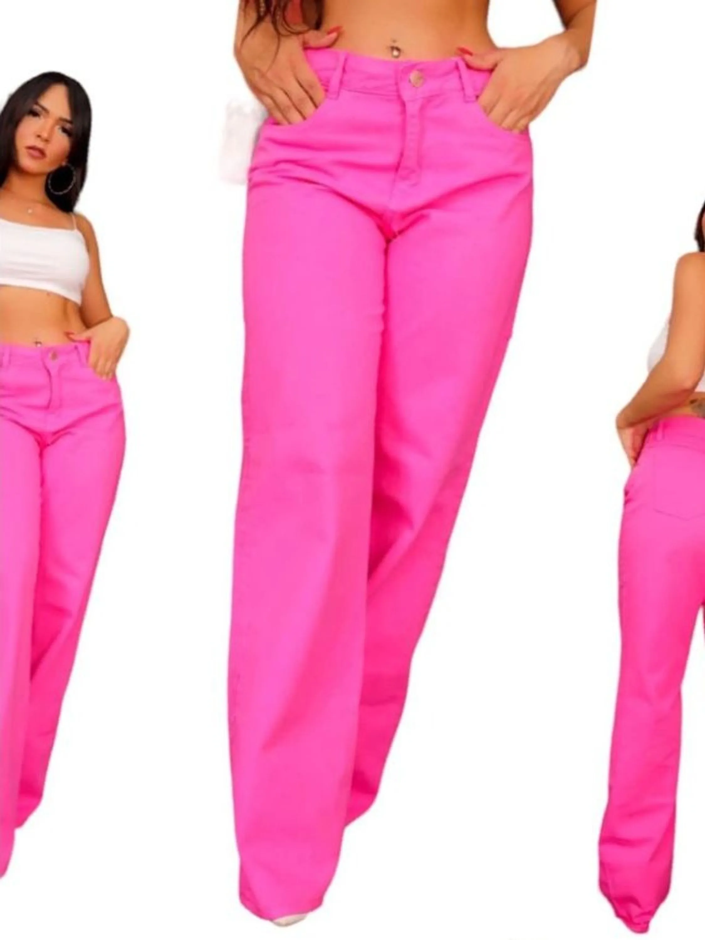 Calça Jeans Rosa Chiclete Cintura Alta