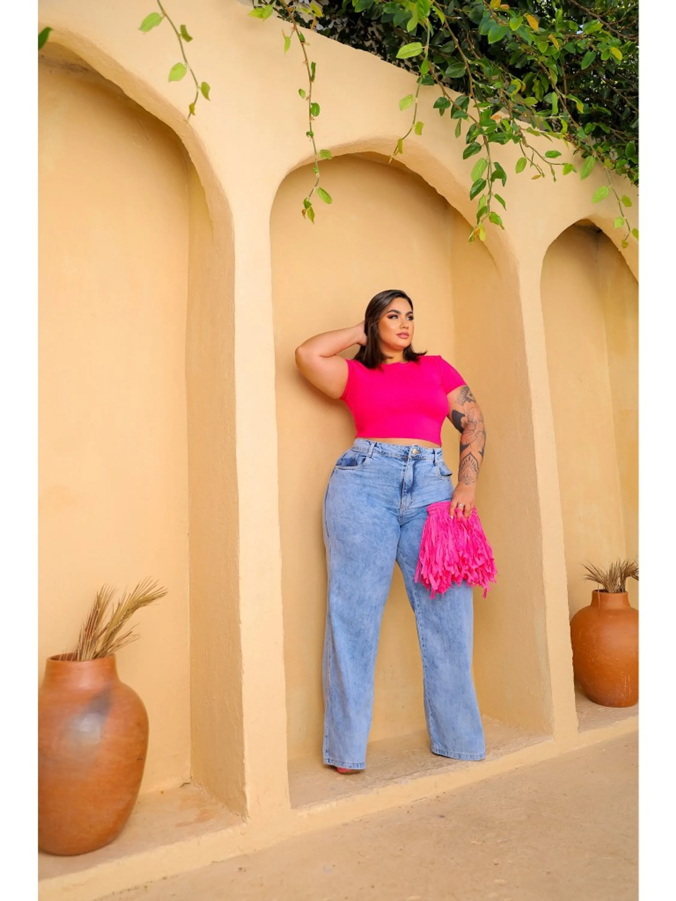 Calça Jeans Marmorizada Pantalona Plus Size