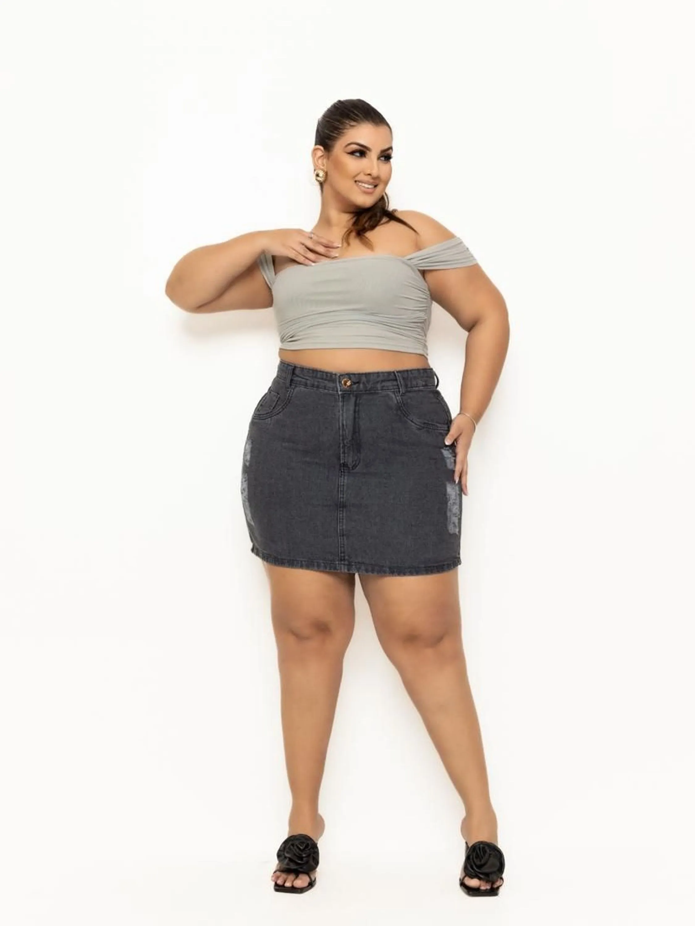 Mini Saia Jeans Grafite Plus Size Destroyed