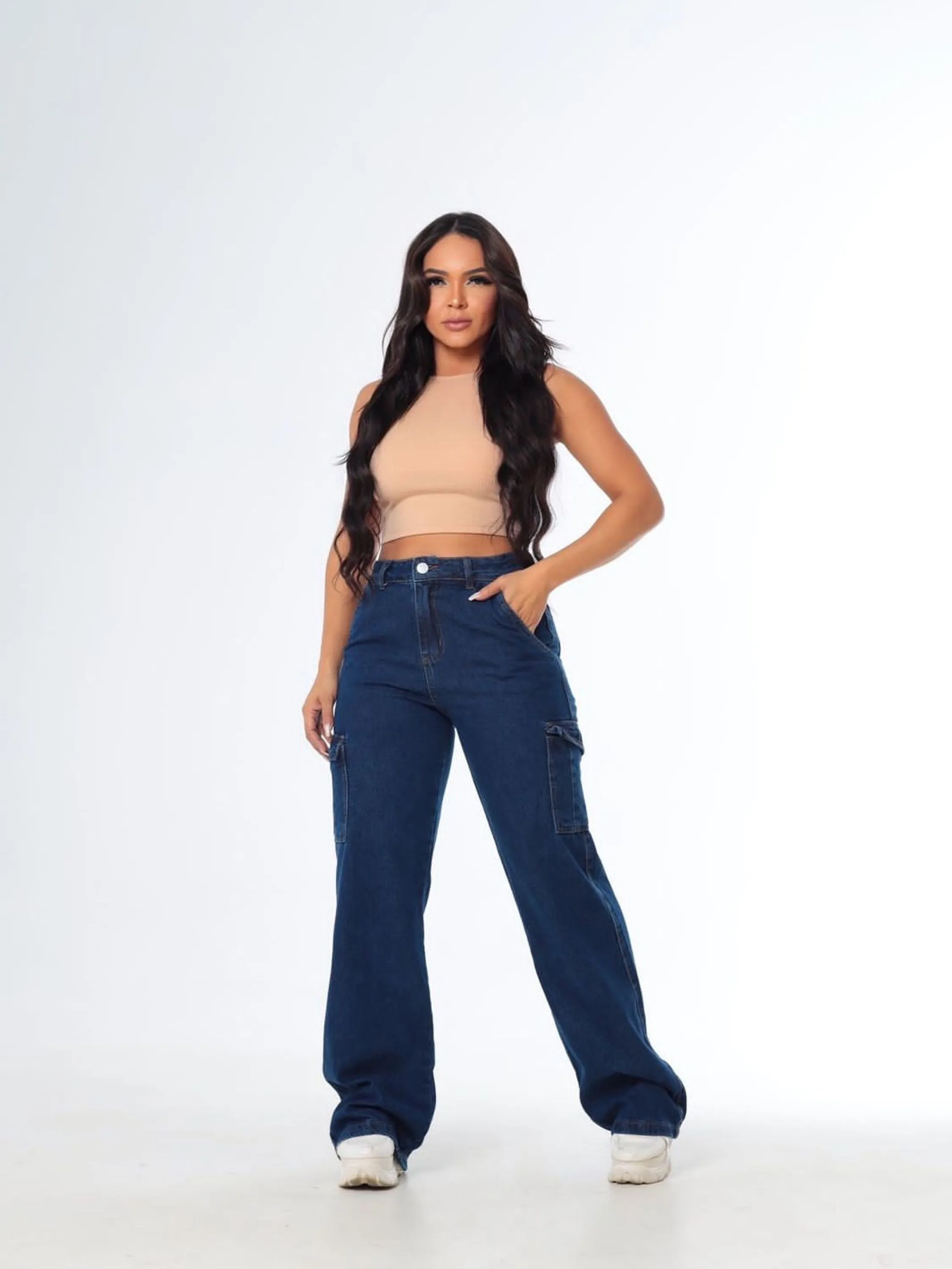 Calça Jeans Escuro Cintura Alta Cargo