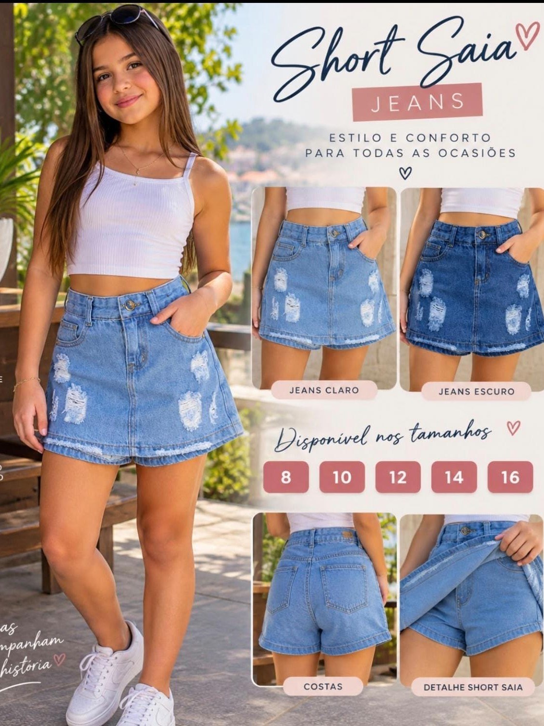 Shorts saia jeans juvenil destroide