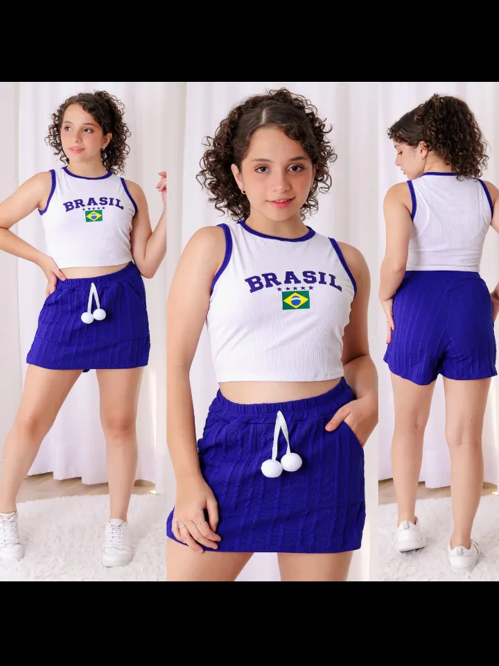Conjunto infantil shorts saia e blusinha