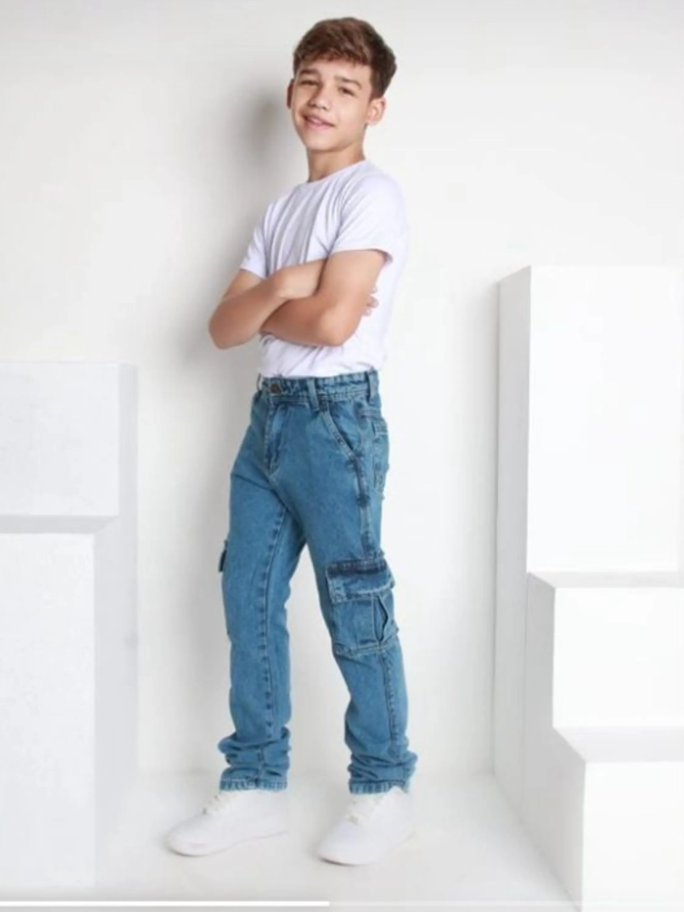 Calça jeans cargo masculina juvenil