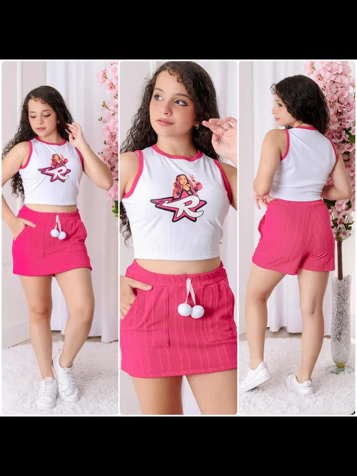 Conjunto infantil e juvenil shorts saia