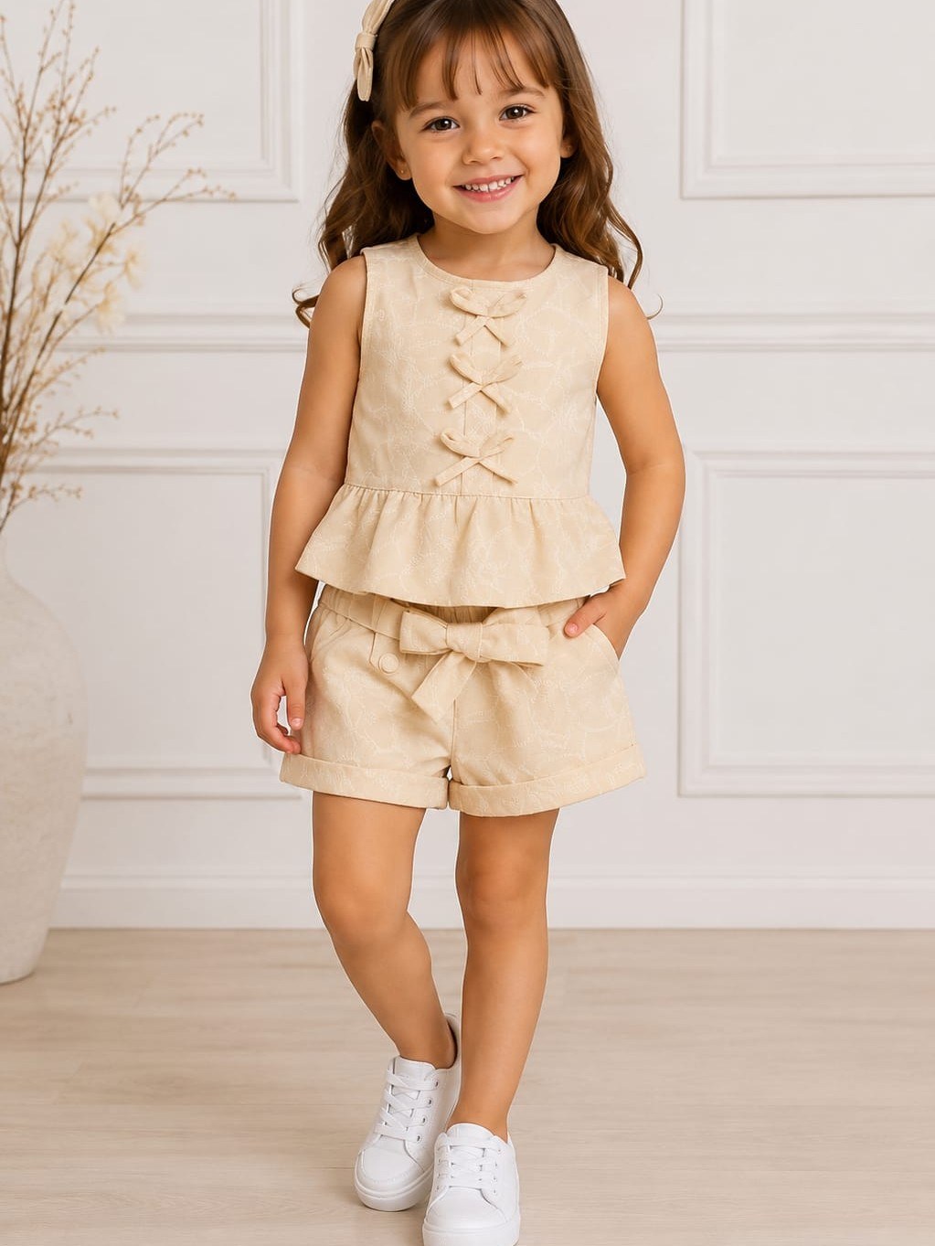 Conjunto estampado infantil de shorts e blusinha (Azul)