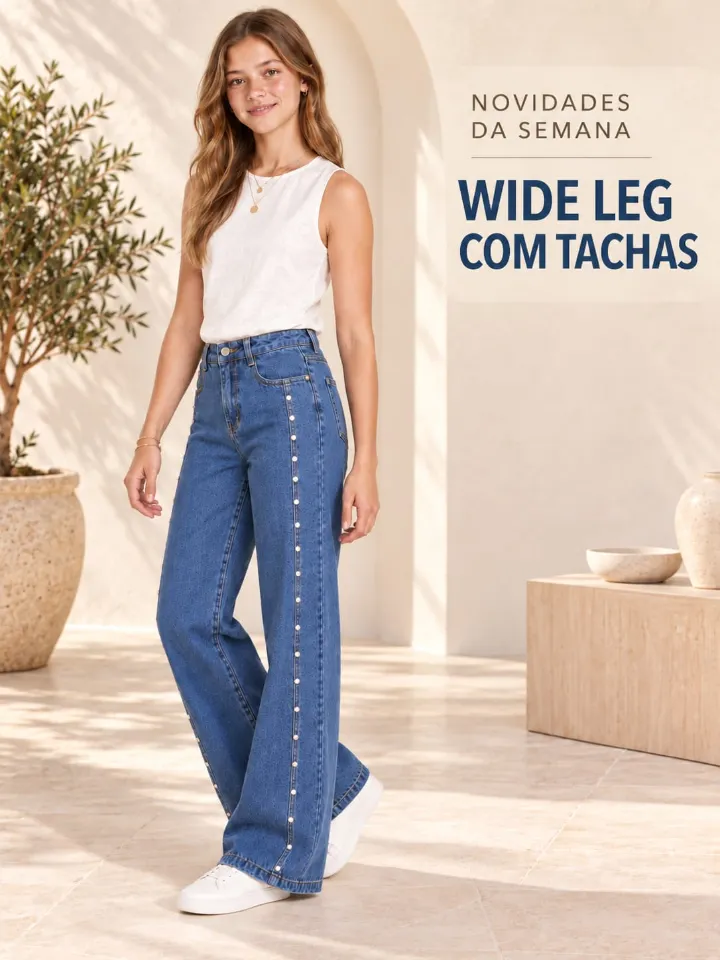 Calça jeans Juvenil Wide Leg com detalhes