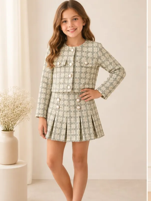 Conjunto feminino infantil casaquinho e shorts saia
