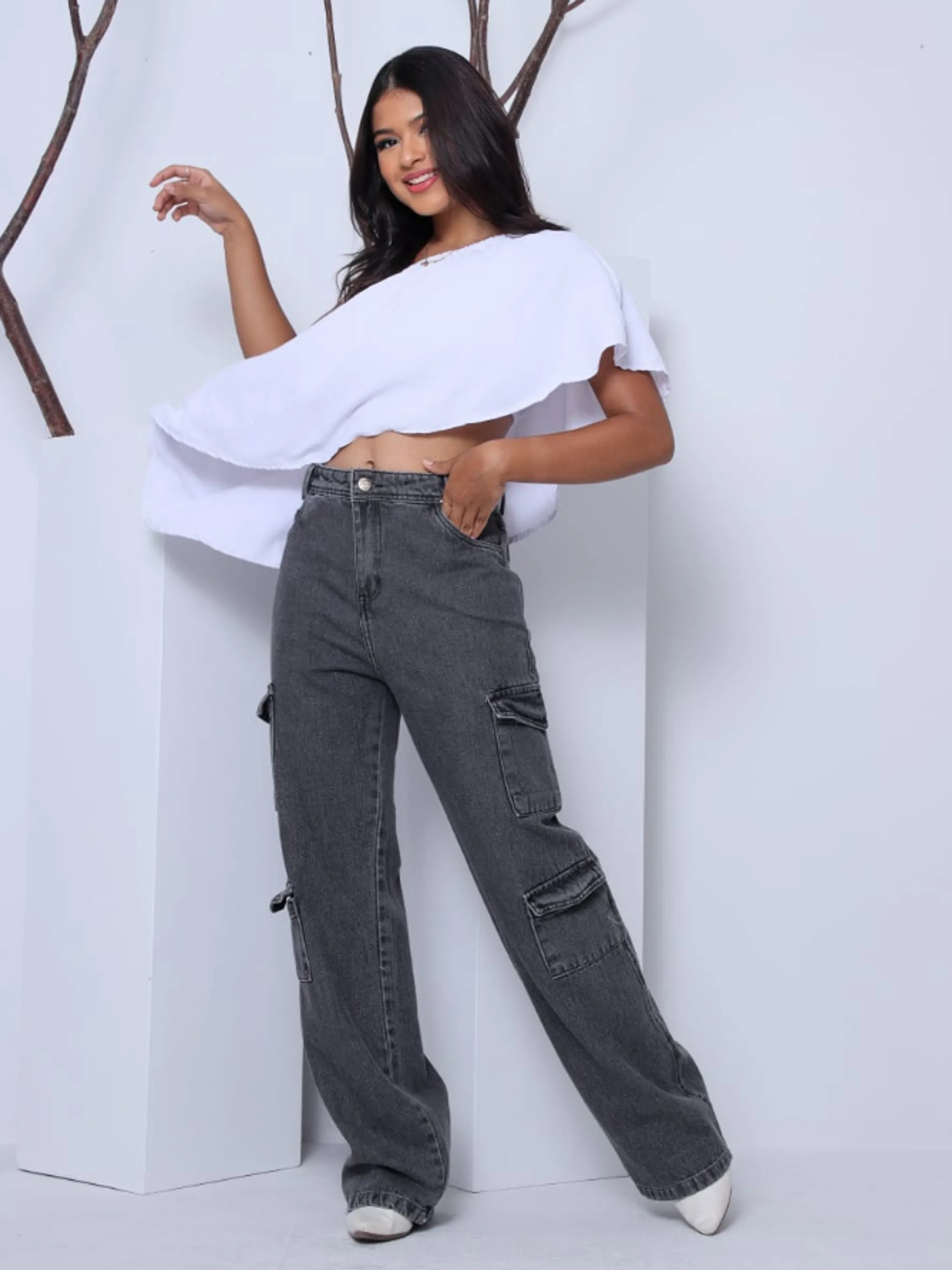 Calça Cargo Wid Leg juvenil com elástico na cintura (D)