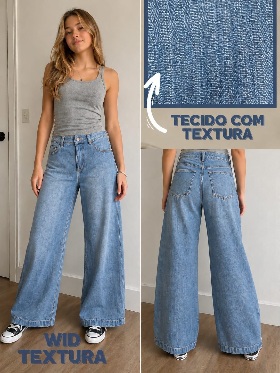 Calça jeans feminina juvenil wide leg com textura