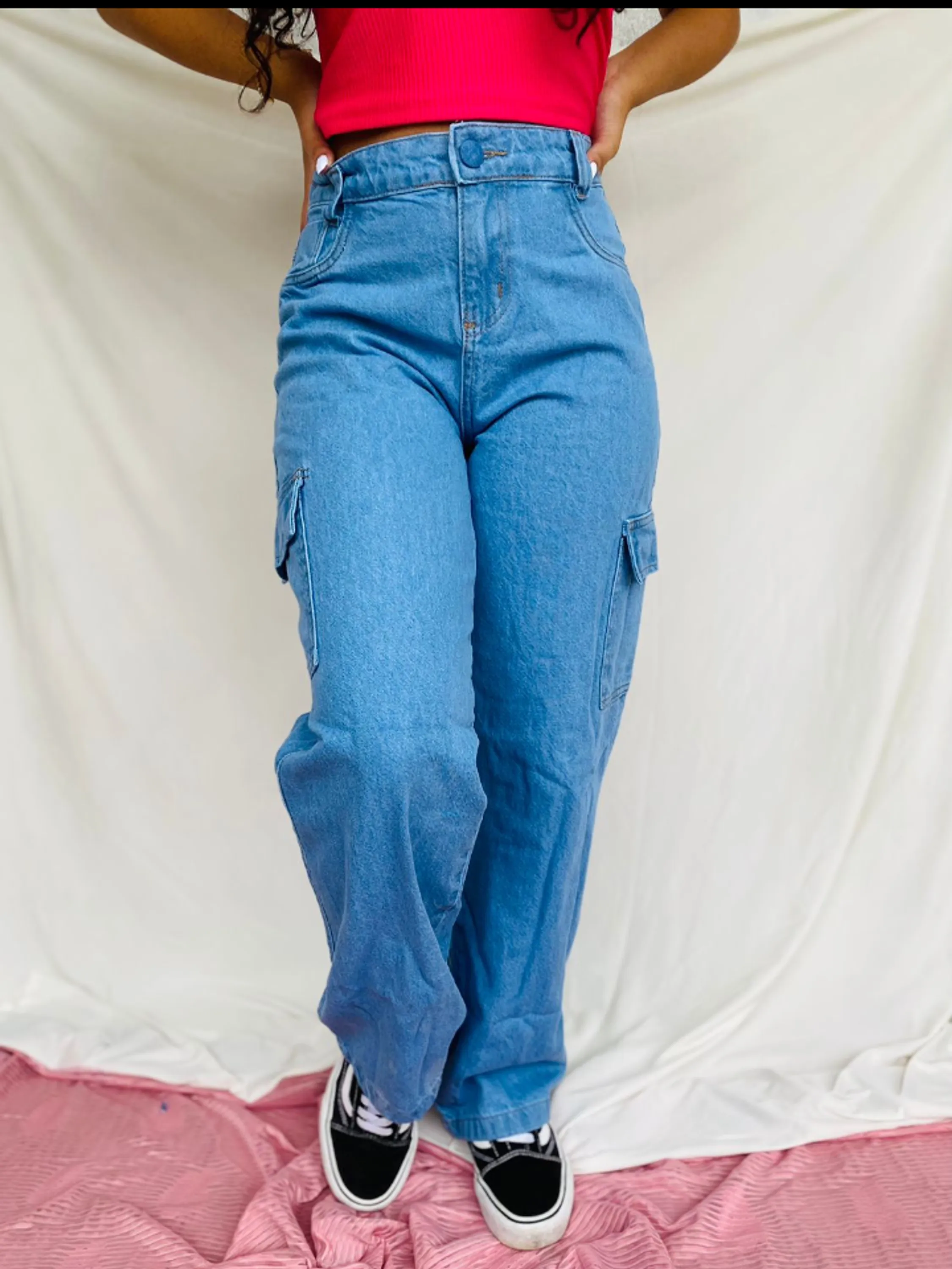 Calça jeans juvenil Cargo feminina (E)