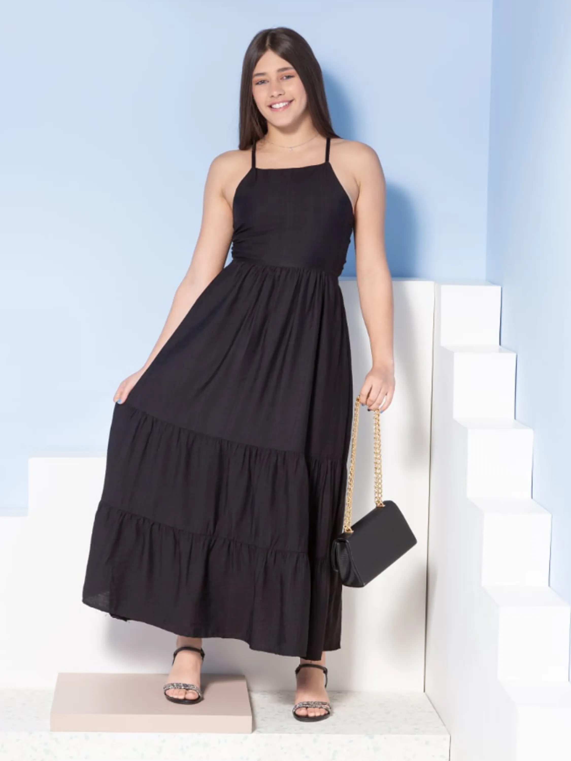 Vestido longo feminino juvenil com regulagem (P)