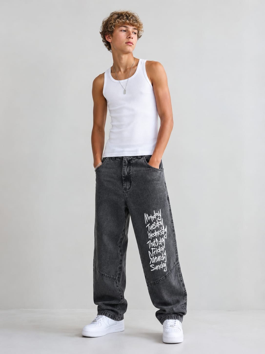 Calça jeans balão com estampa masculino