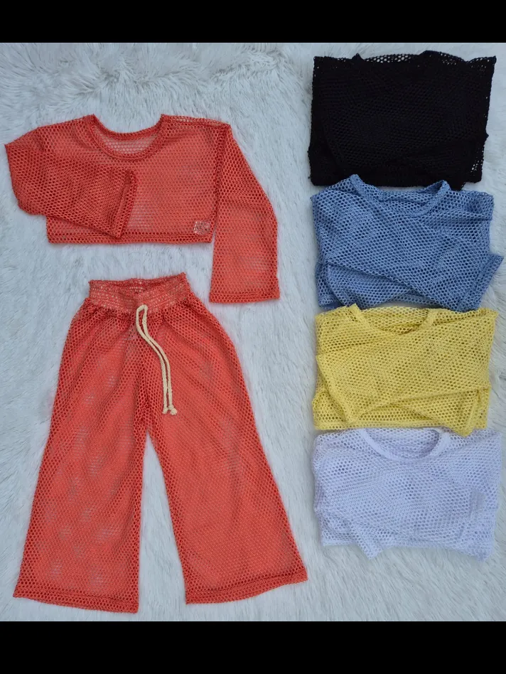 Saída de praia infantil de calça e cropped (Azul)