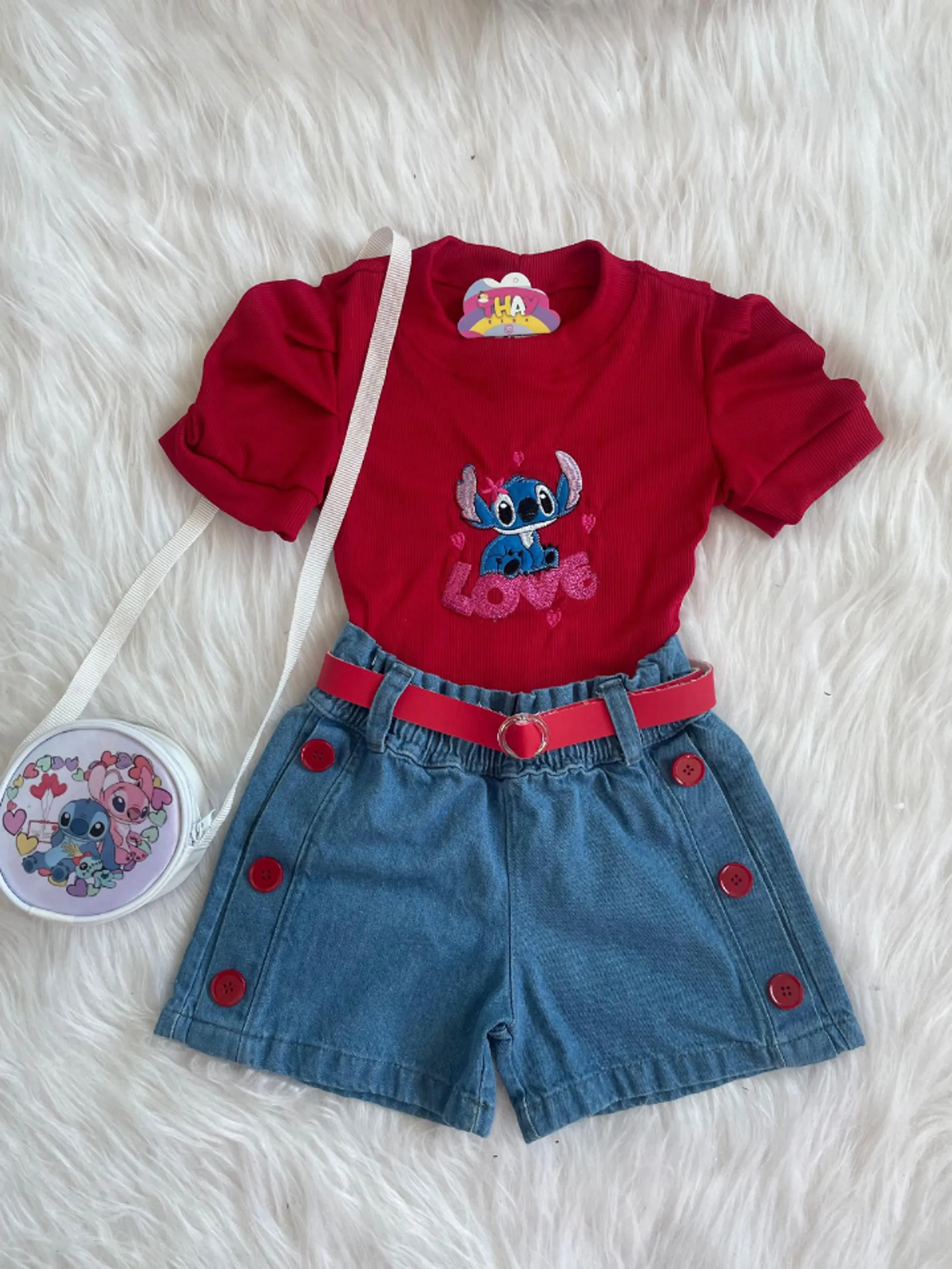 Conjunto infantil shorts blusinha e bolsa