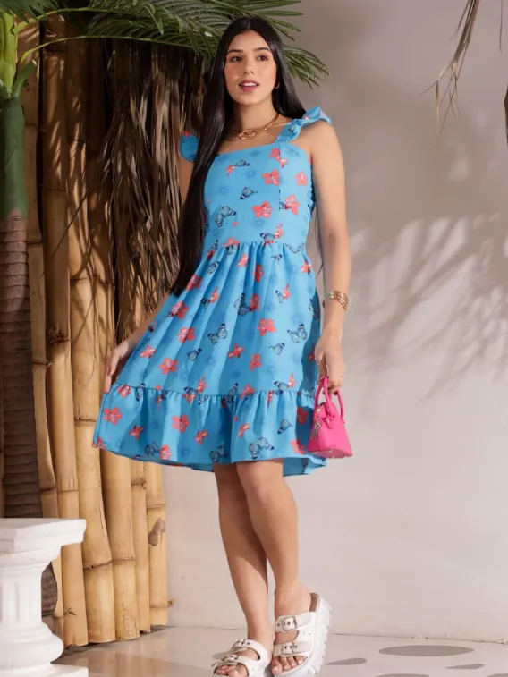 Vestido juvenil estampado com elastex nas costas (O)