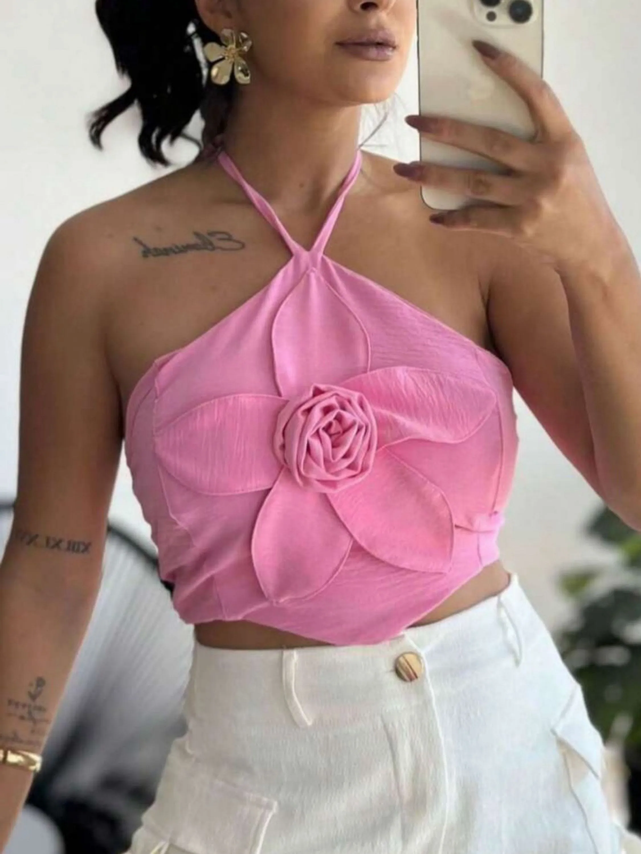 cropped feminino com flor tecido duna lançamento 2024 tendência verão coleção color