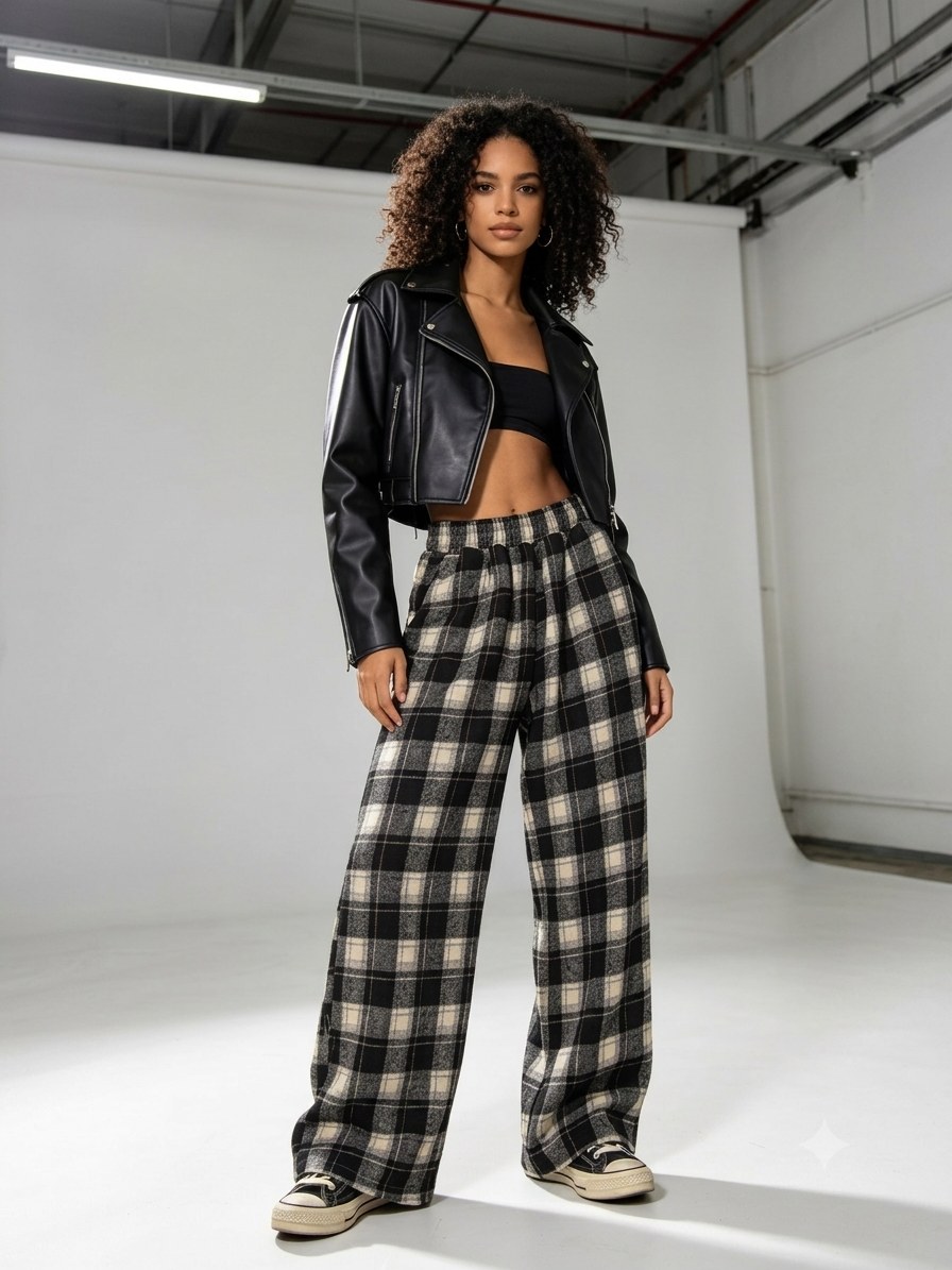 Calça De Lã Wide Leg Feminina Outono Inverno Xadrez Bolsos