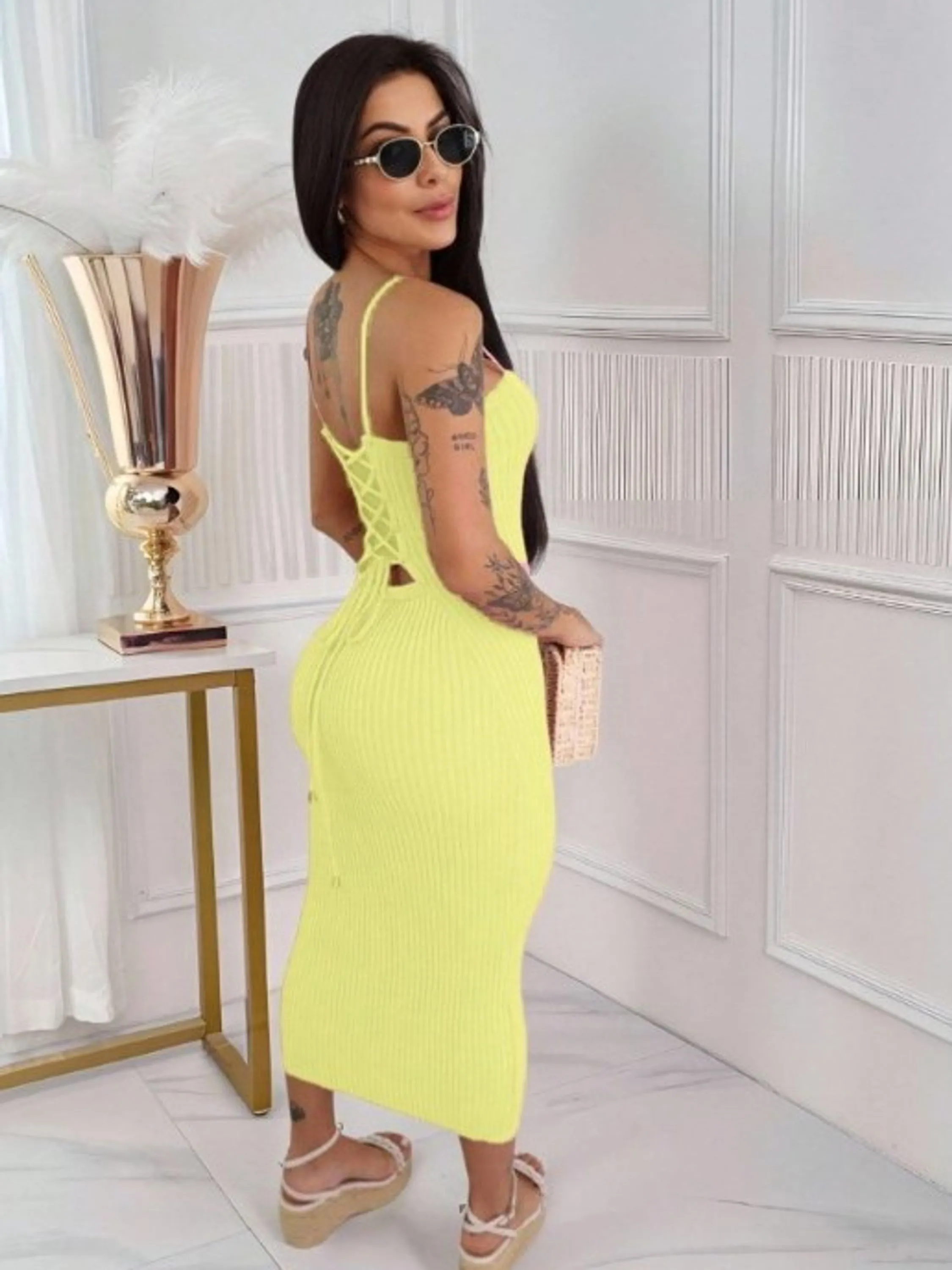 Vestido Midi Trico Modal Premium Amarração Costas Moda Novo