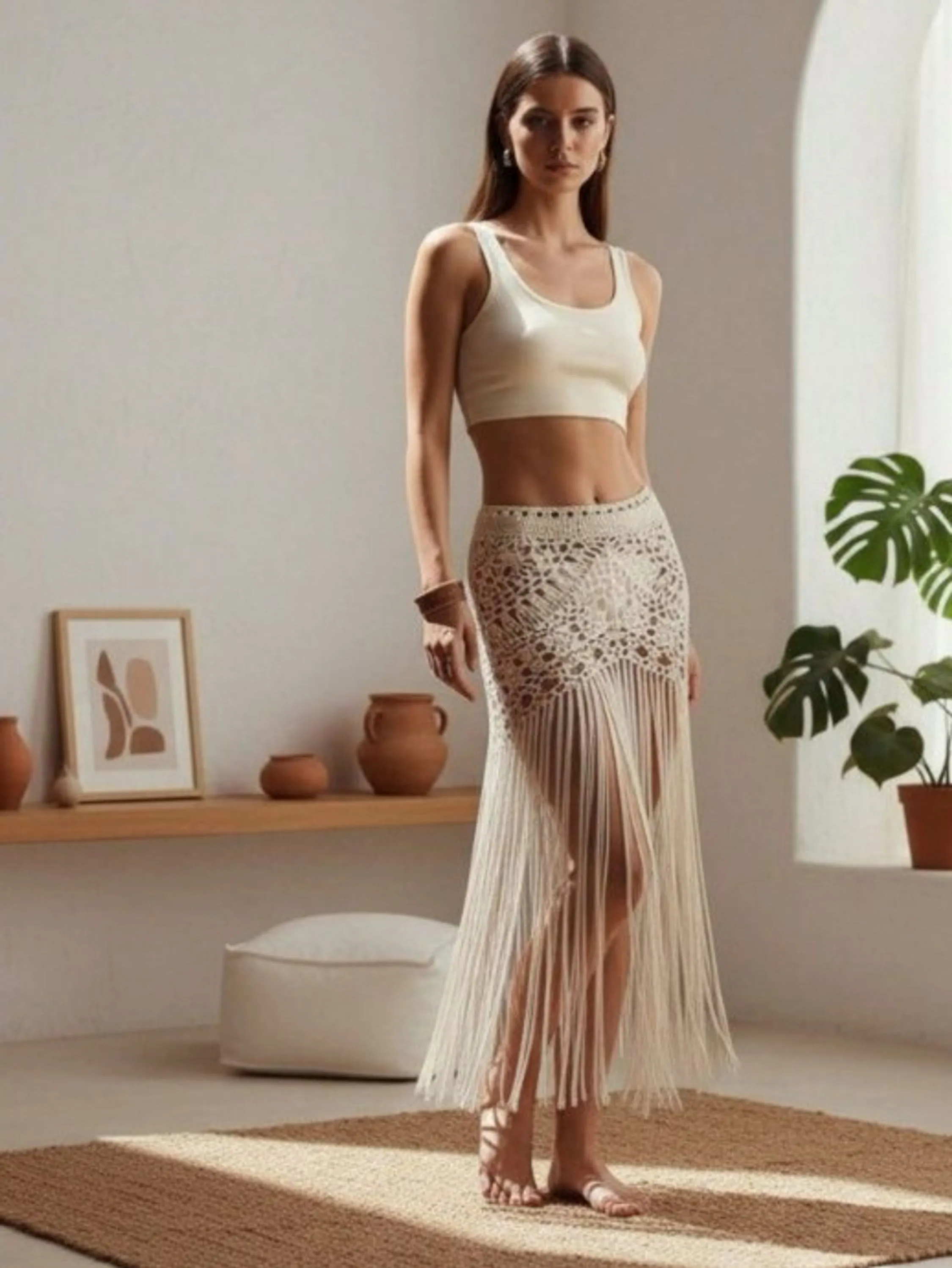 Saia crochê com franjas saida De Praia festival M25054