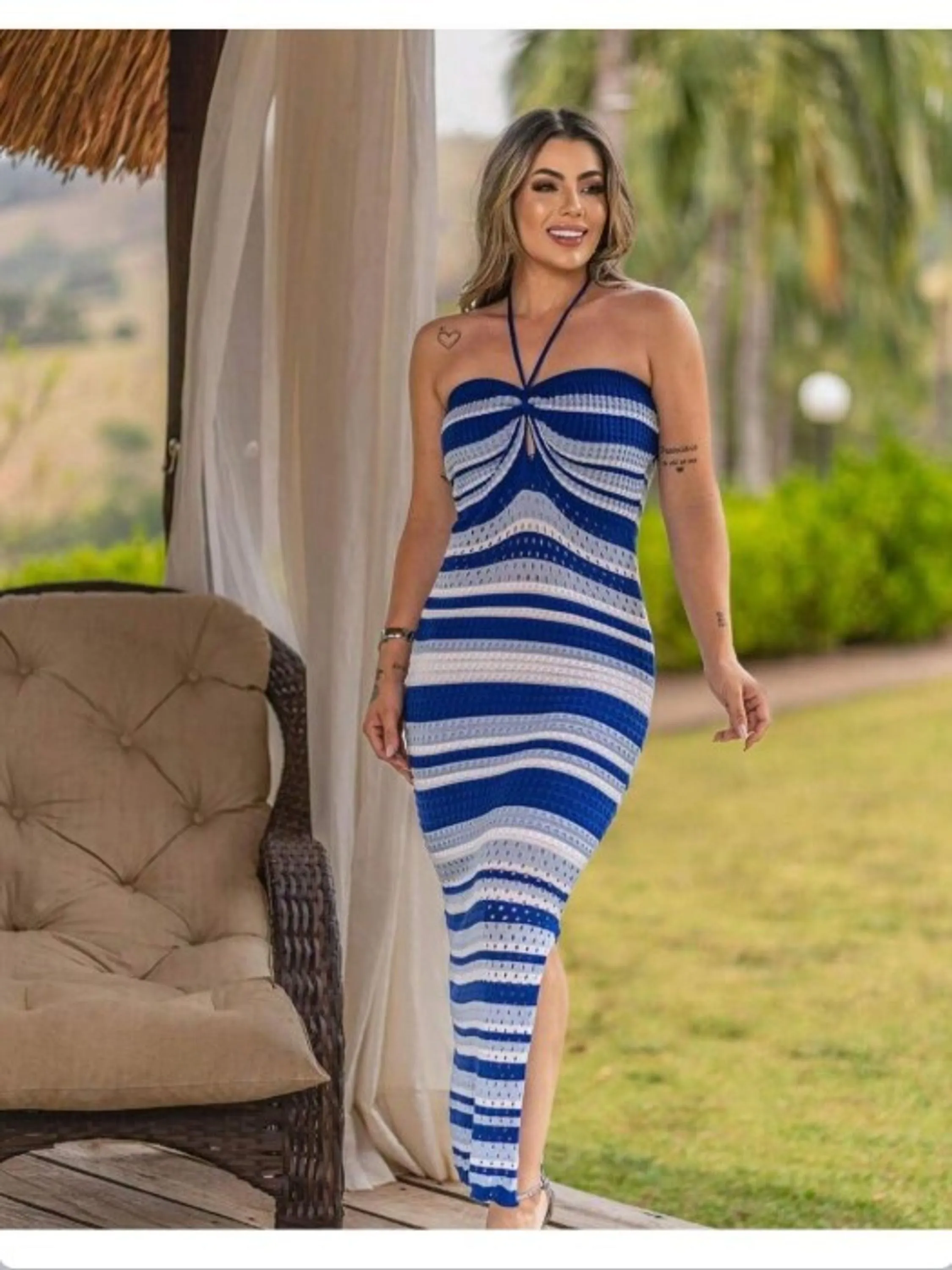 Vestido Longo Trico Amarração Listrado Fenda Lateral Verão