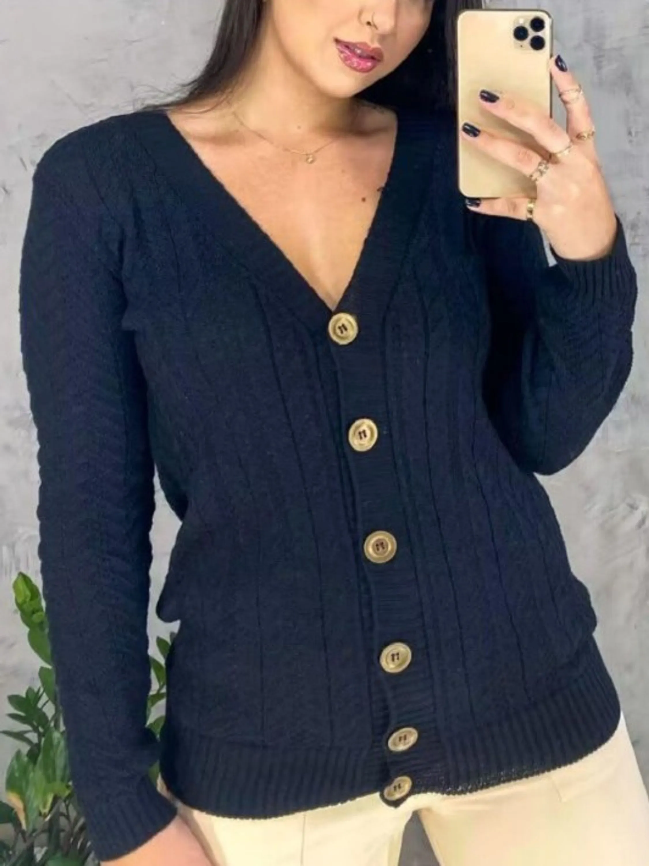 Casaco Cardigan Feminino Trico Com Botões Tranças Inverno