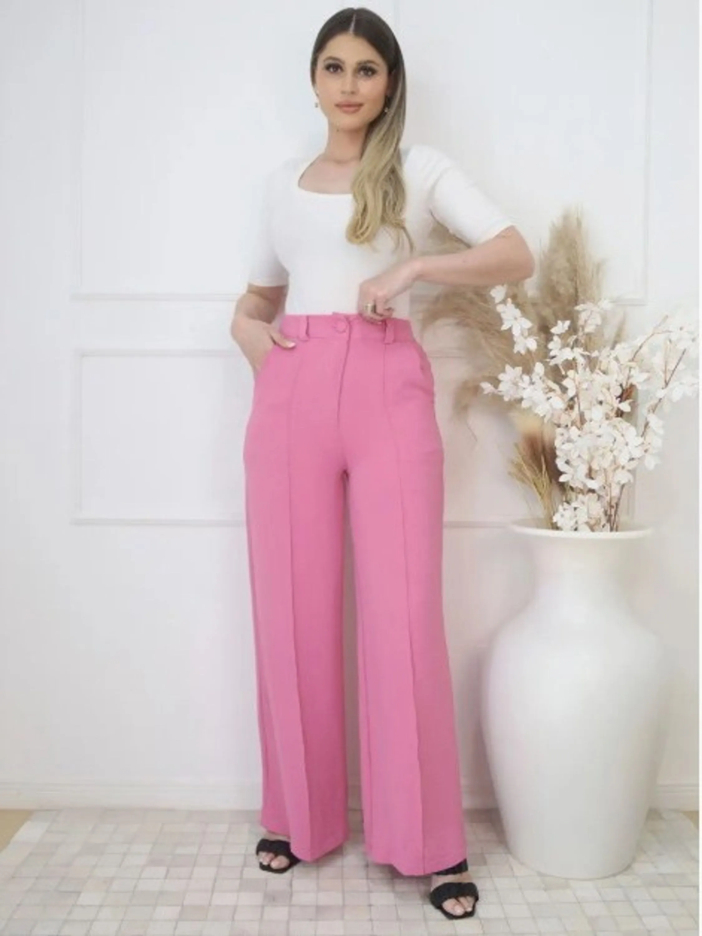 Calça Feminina Pantalona Cintura Alta com esticar Cós Largo Duna Moda