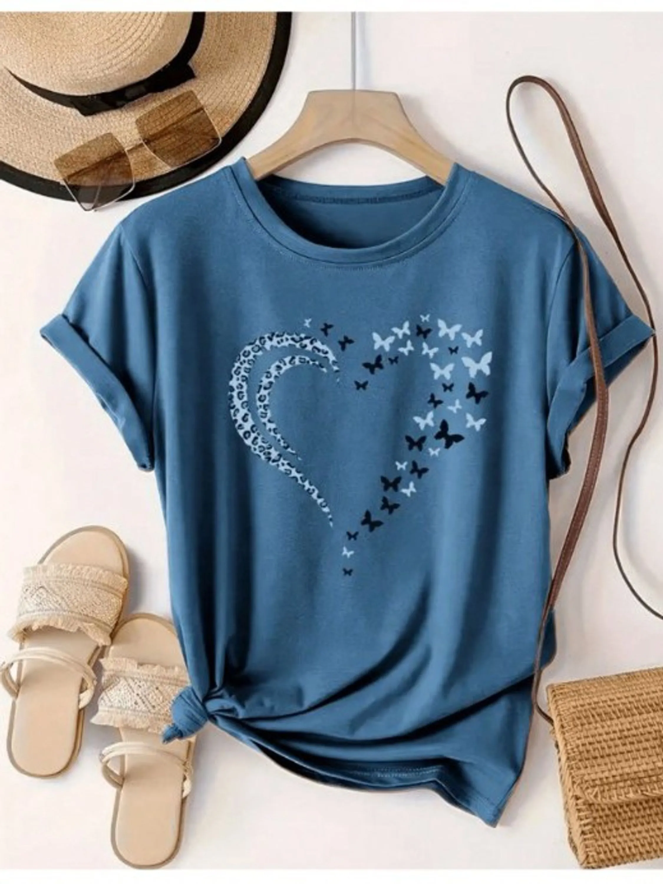 T-shirt blusa camiseta coração borboleta verão viscolycra