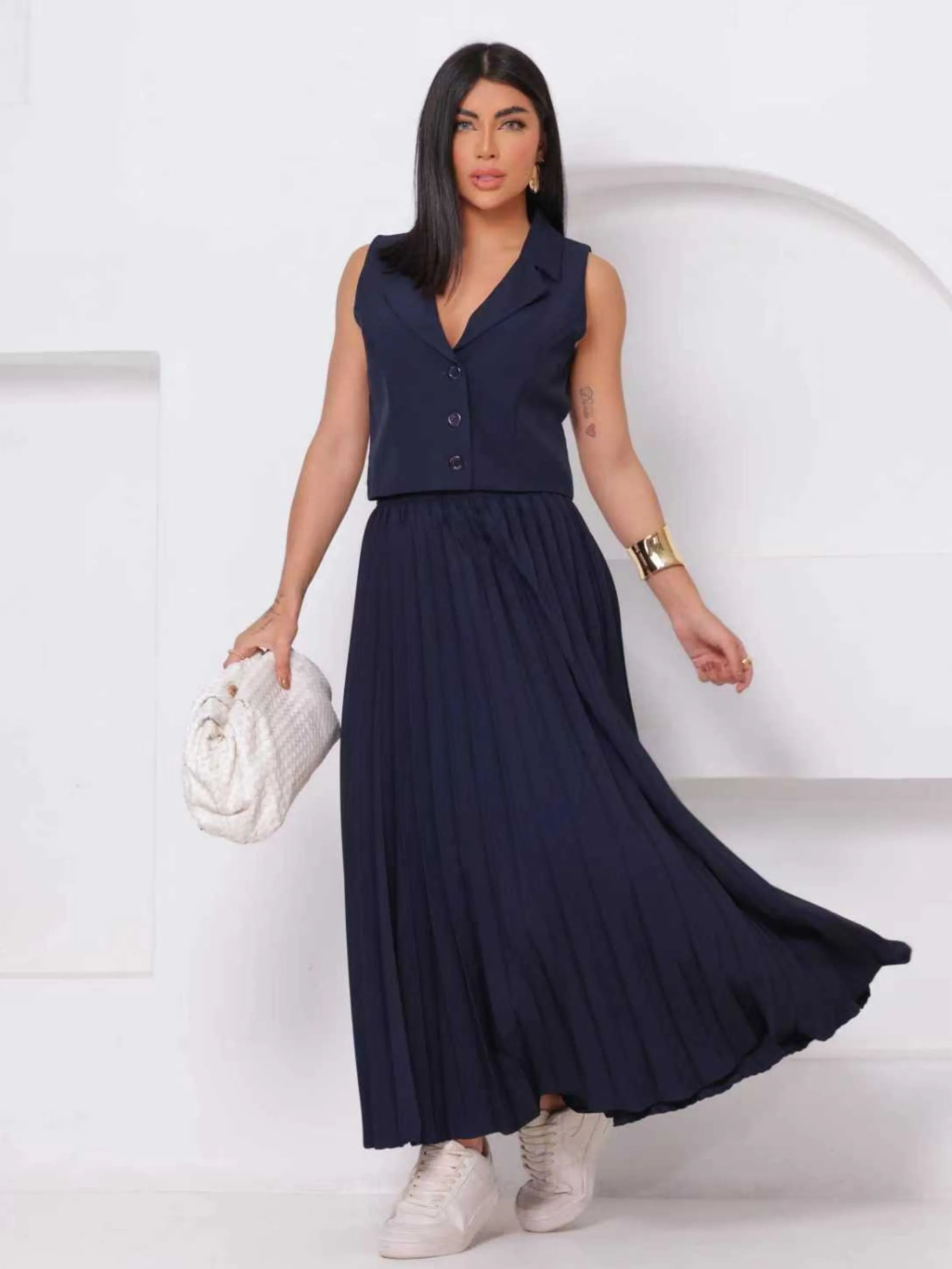 Conjunto Feminino Saia Plissada + Colete Alfaiataria