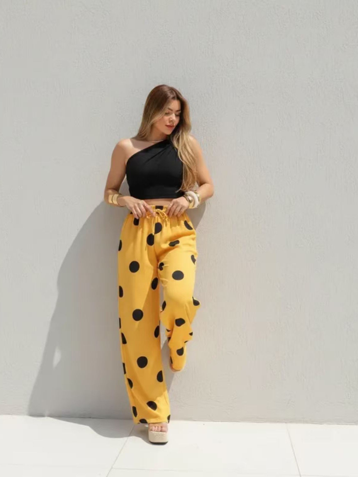Calça Pantalona Poá Bolinha Cintura Alta Soltinha Modesta