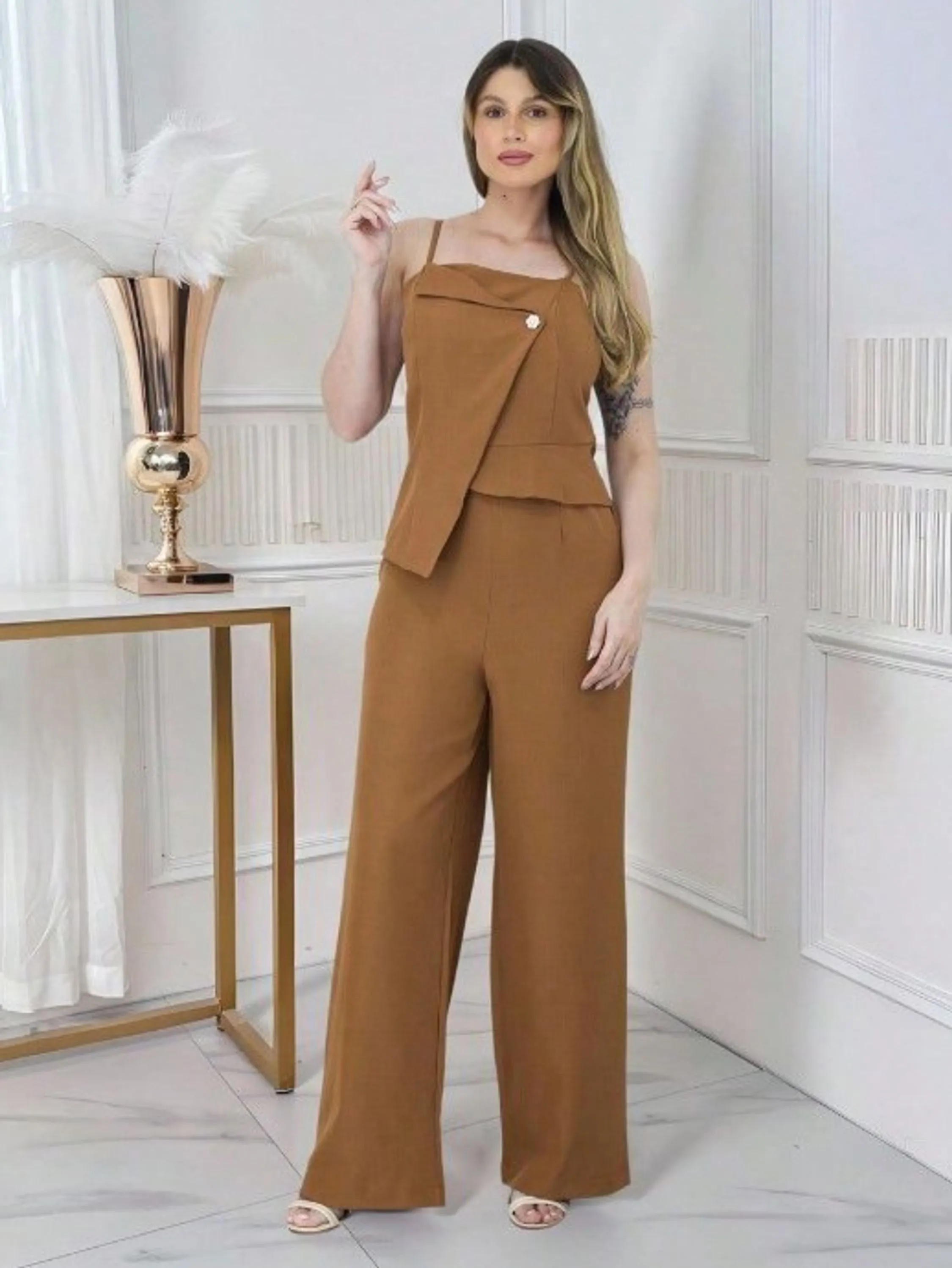 Macacão Feminino Pantalona Em Simple Zíper Escritório Verão