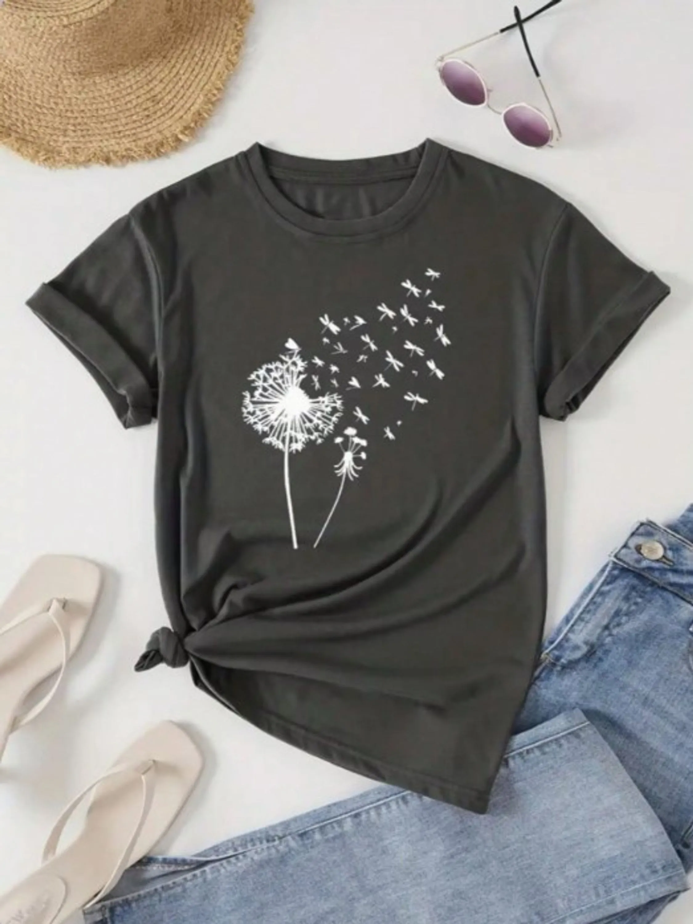 T-shirt camiseta gola Redonda dente-de-leao verão viscolycra