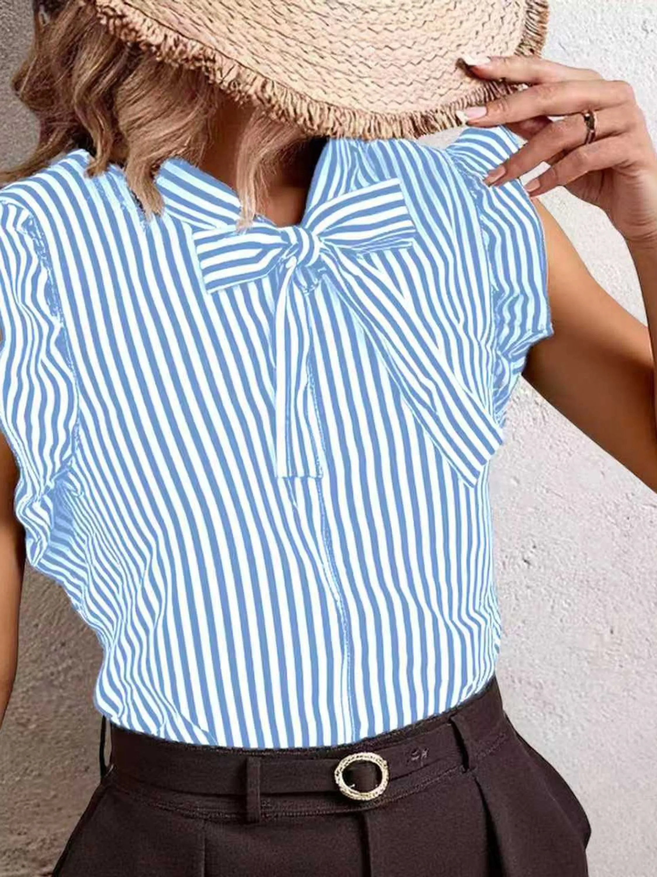 Blusa regata feminino manga babado frente amarrar listrada