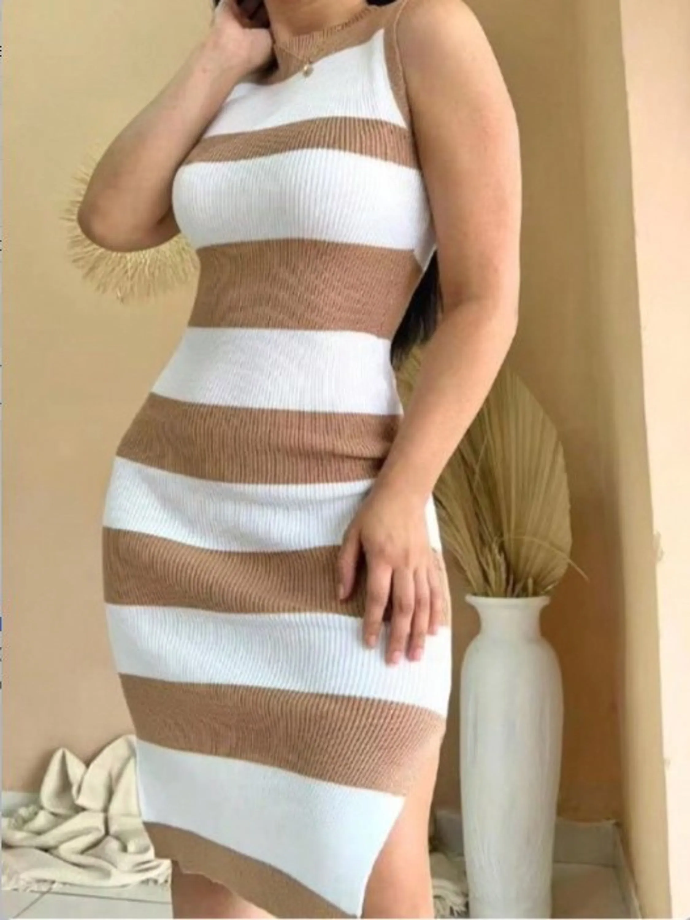Vestido Longo Midi Elegante Trico Modal Listrado