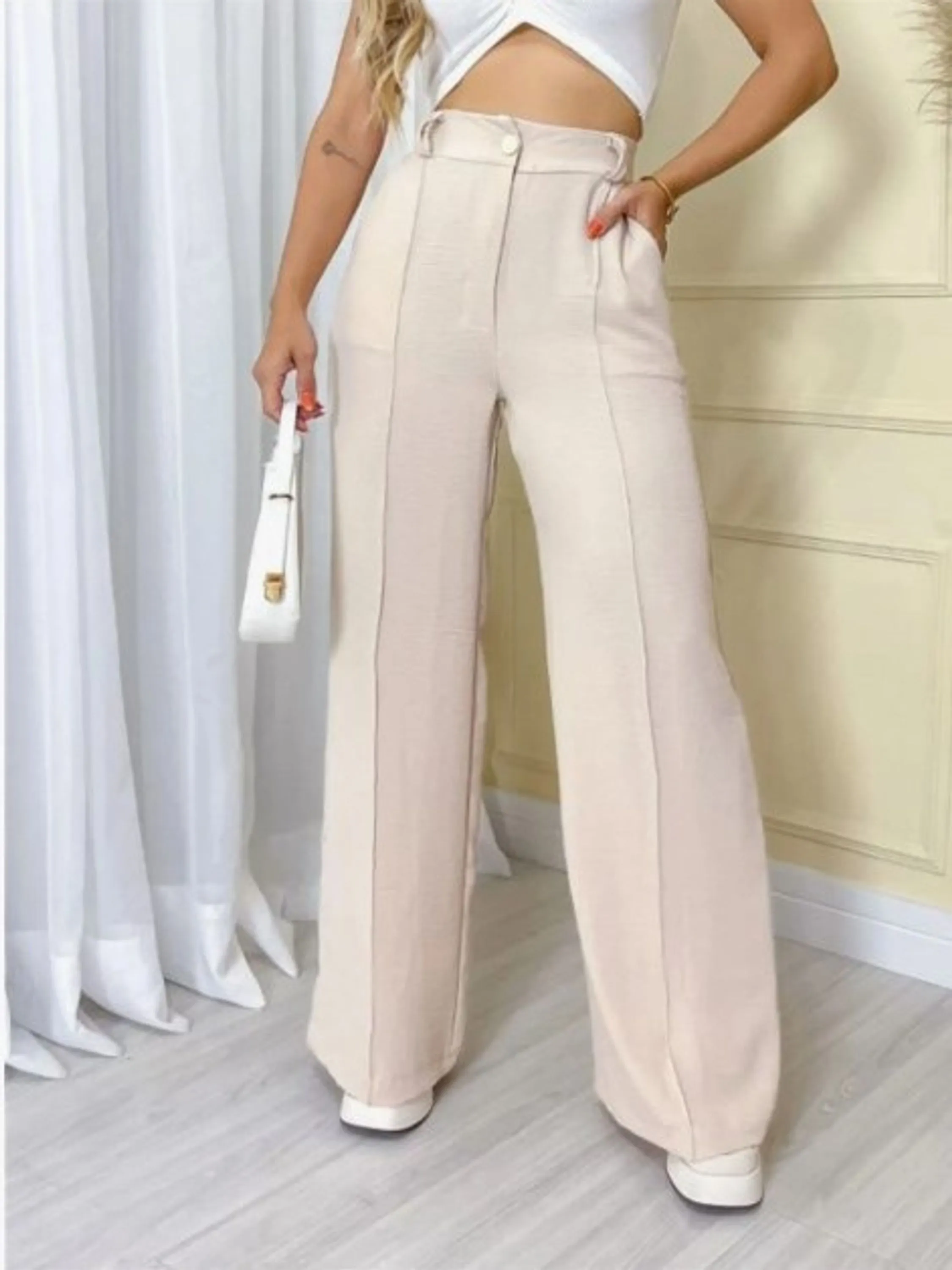 Calça Feminina Pantalona Cintura Alta com esticar Cós Largo Duna Moda