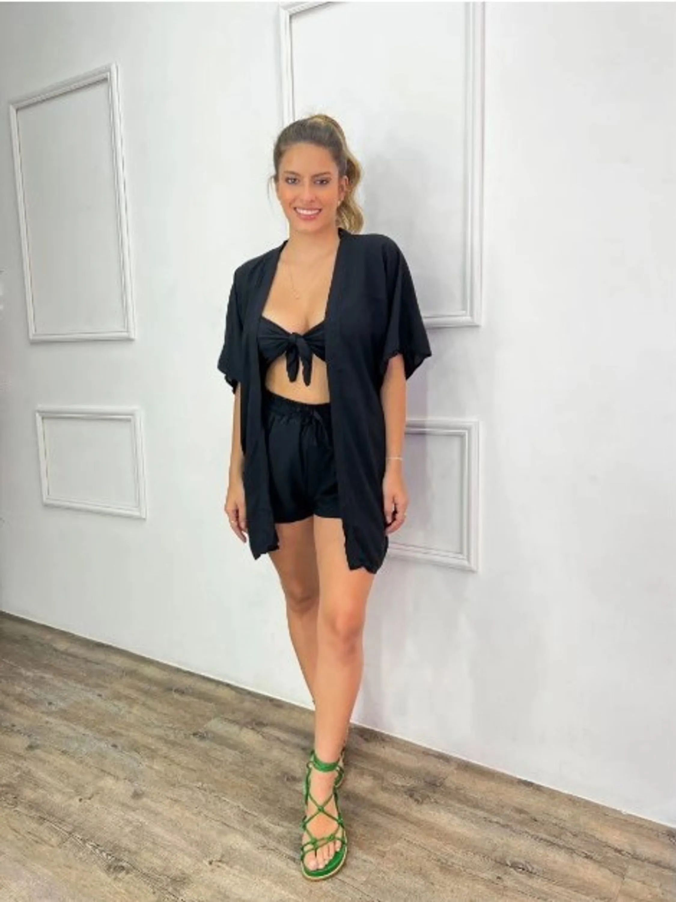 Conjunto 3 Peças Kimono Short Cropped Estampa Floral C Bojos
