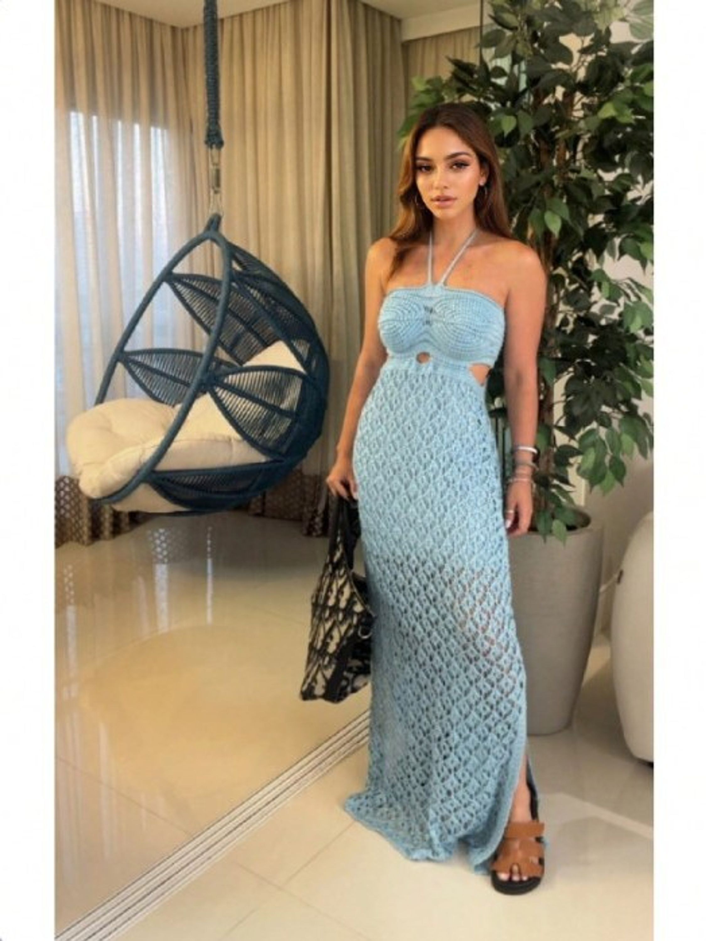 Vestido Longo Tricot Rendado De Amarrar e Tomara que Caia Moda Verão