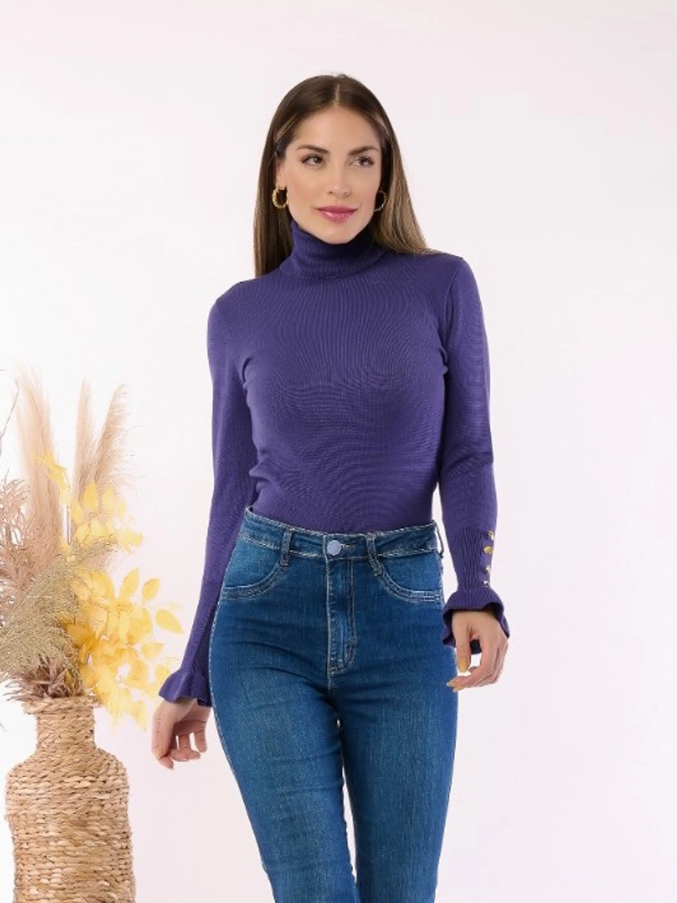 Blusa De Frio Feminina Tricot Gola Alta Com Botões Inverno