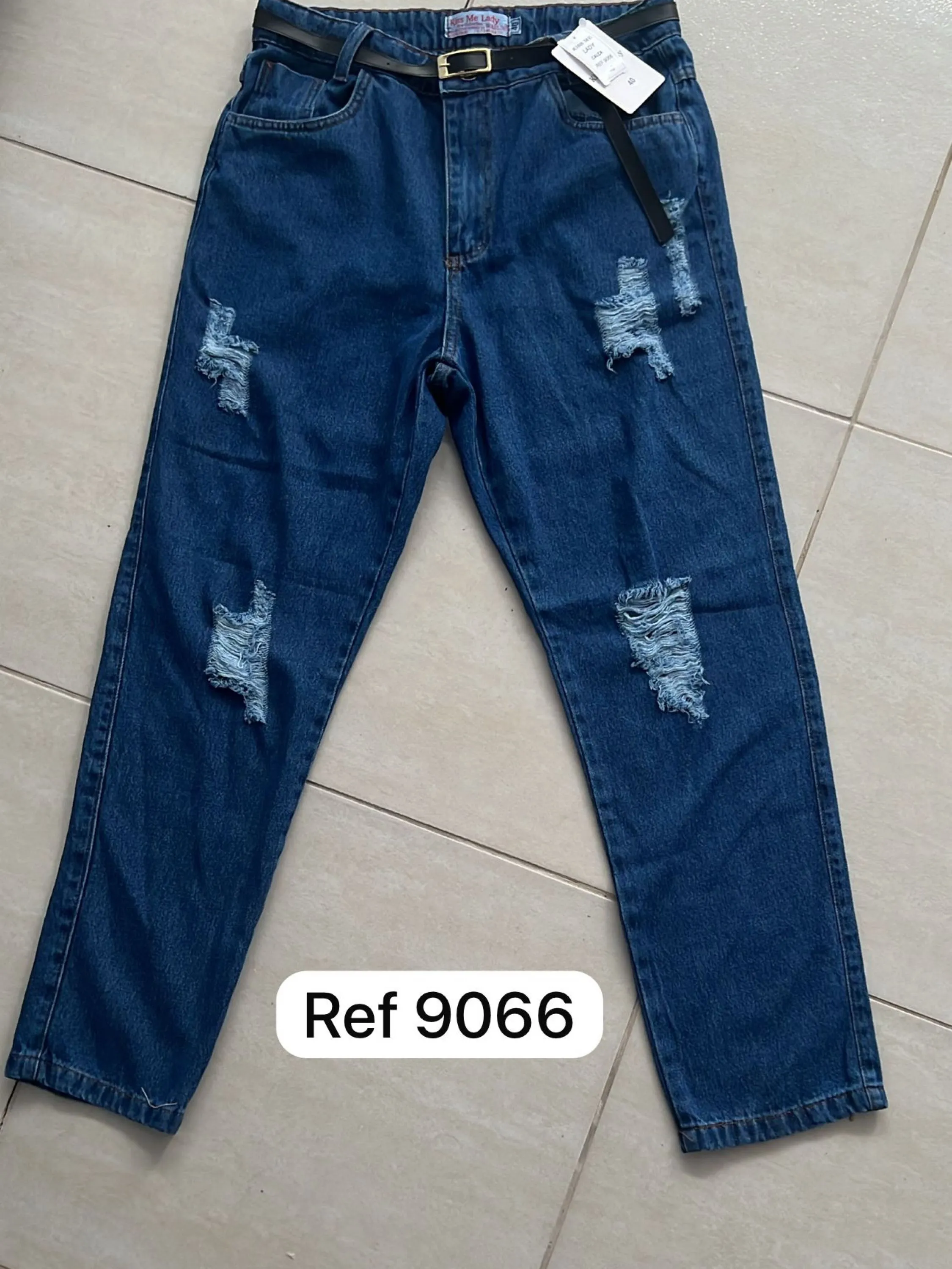 9066# calça jeans feminina com cinto com bolsas